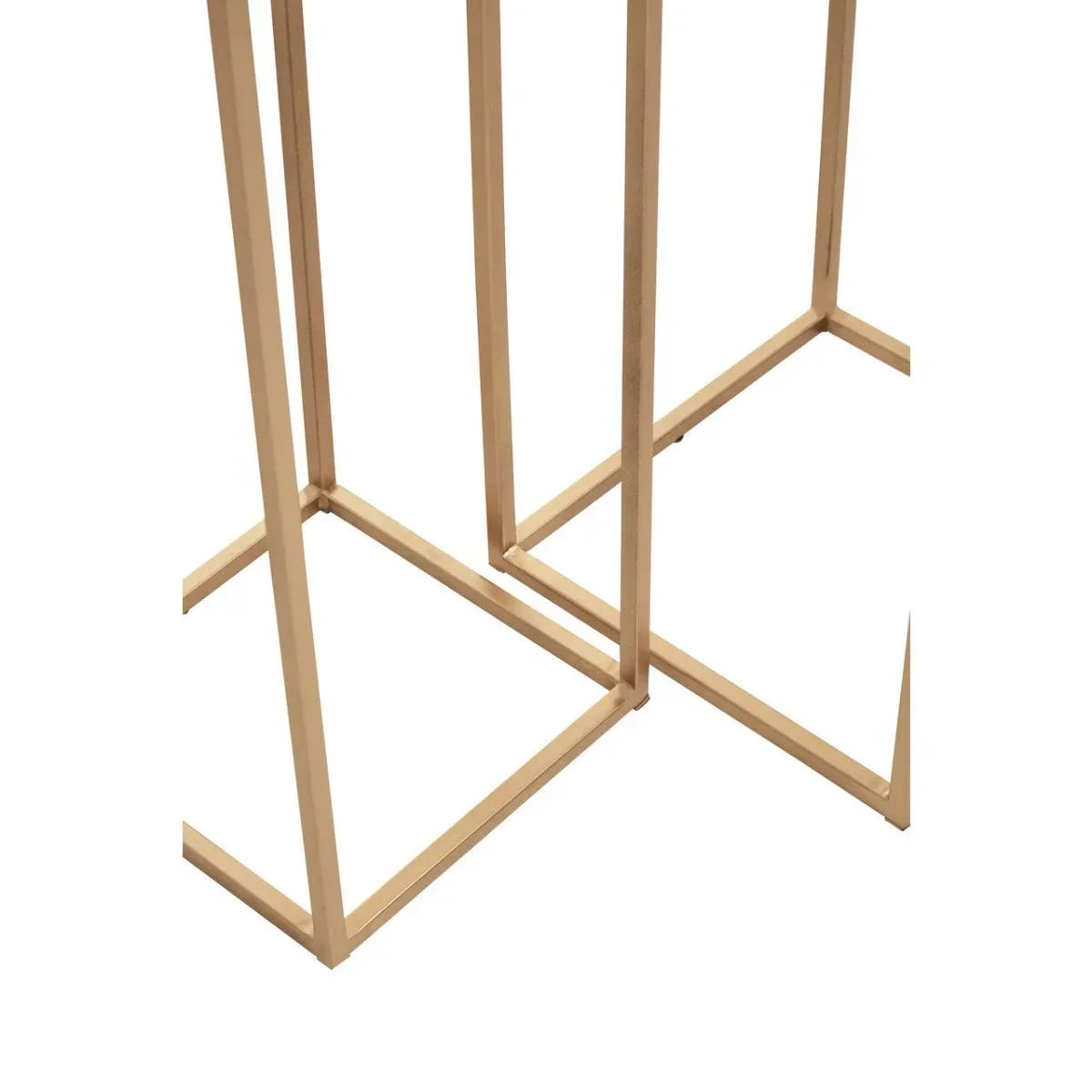 Gold metal nesting table legs with square frame design, close-up view
