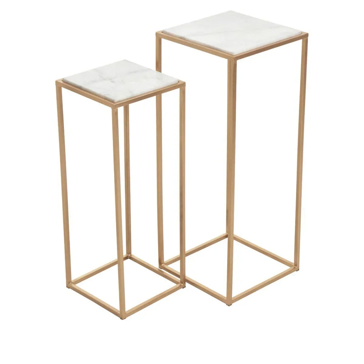 Set of two gold metal and marble side tables with minimalist square design