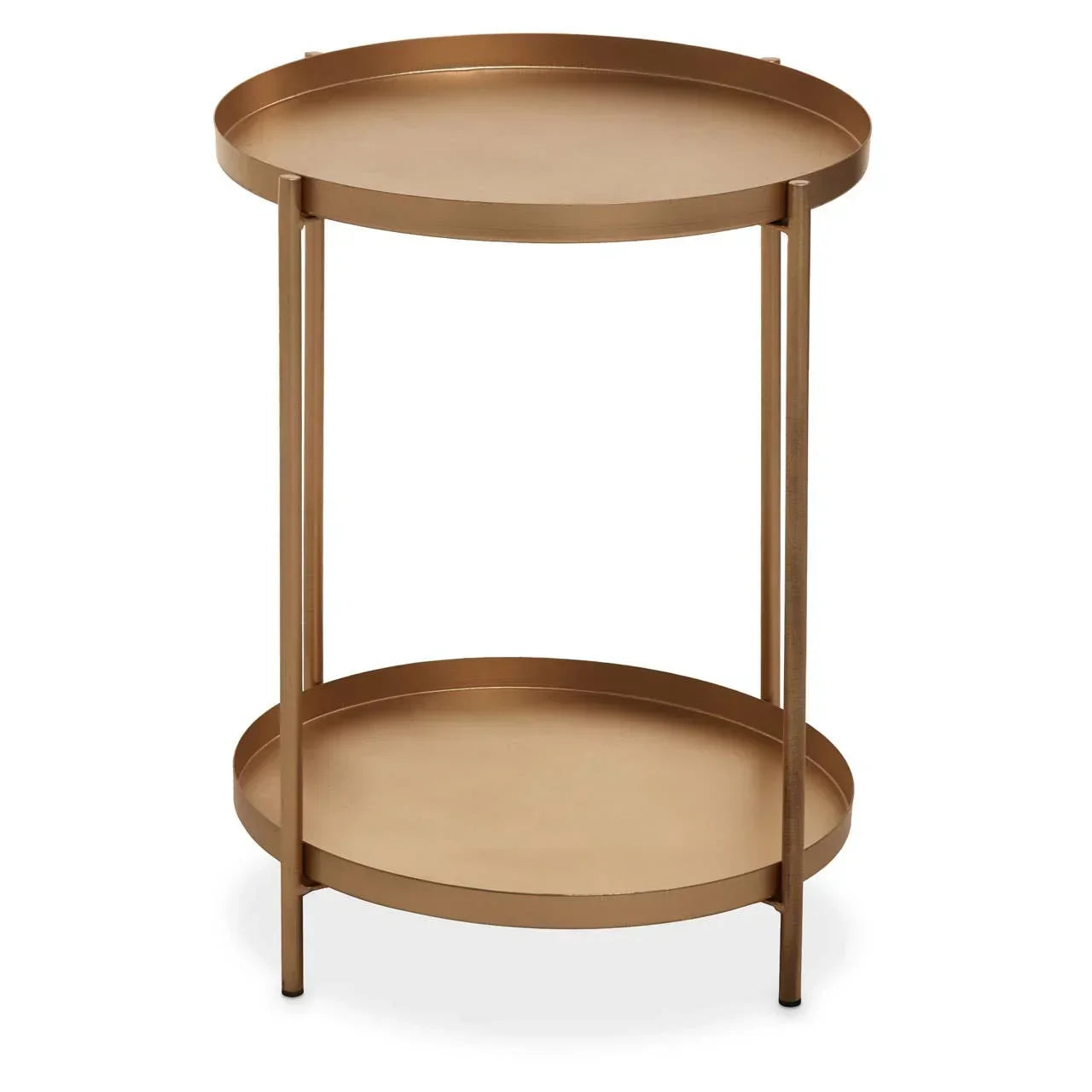 Round gold metal side table with two shelves and raised edges