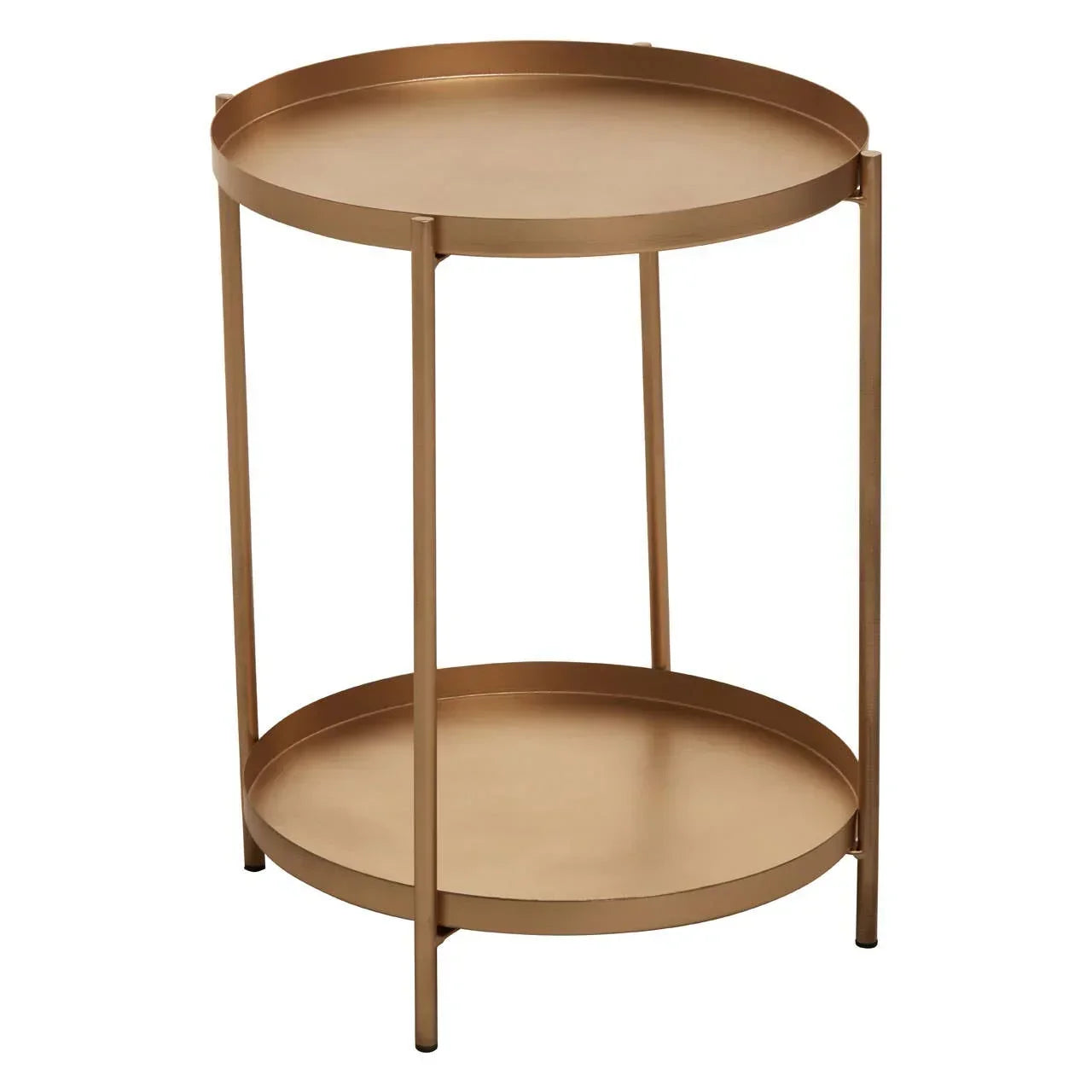 Round gold metal side table with two tiers and raised edges