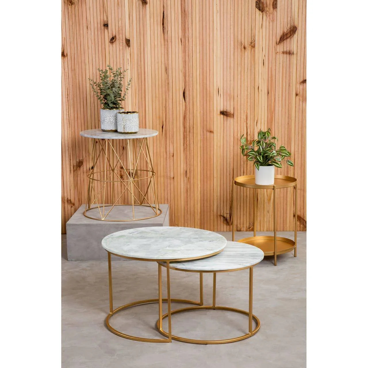 Set of marble and gold metal side tables with decorative plants against wood panel wall