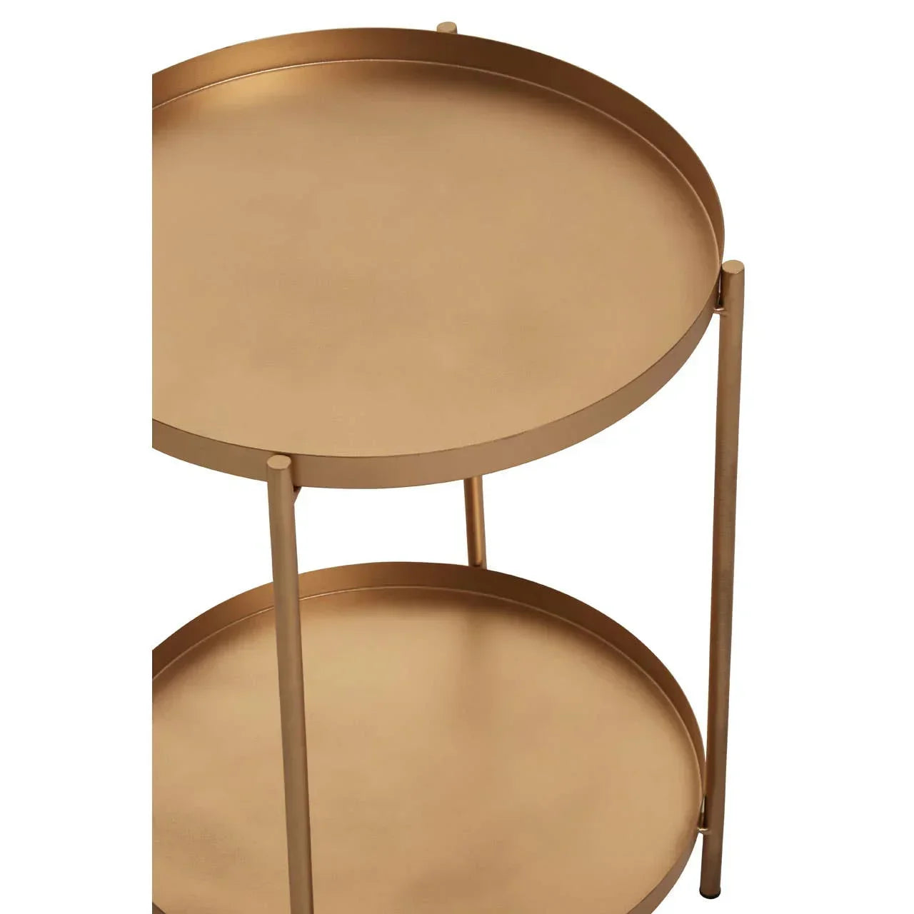 Gold metal round side table with two tier trays and slim frame