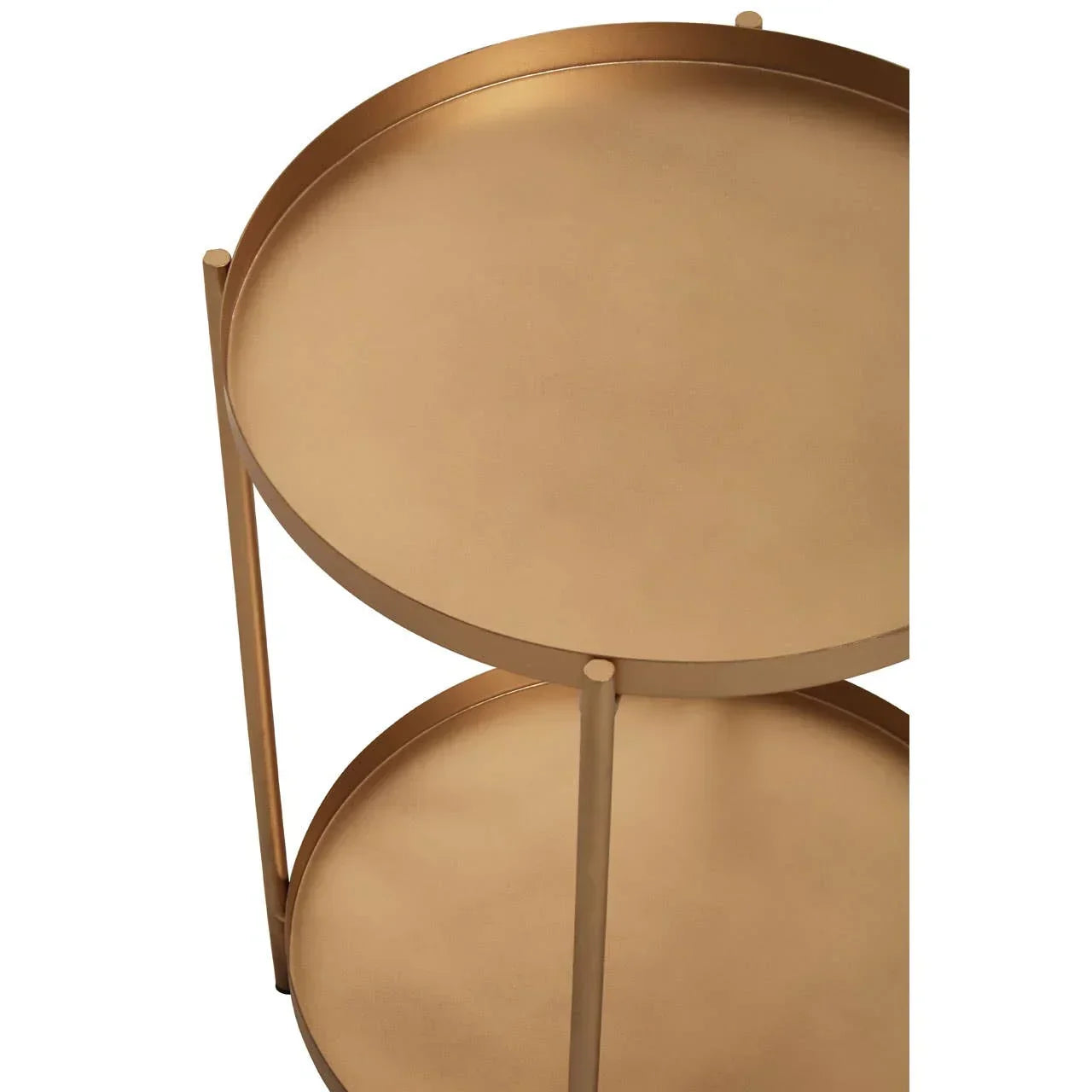 Round gold metal side table with two shelves, close-up of tray top design
