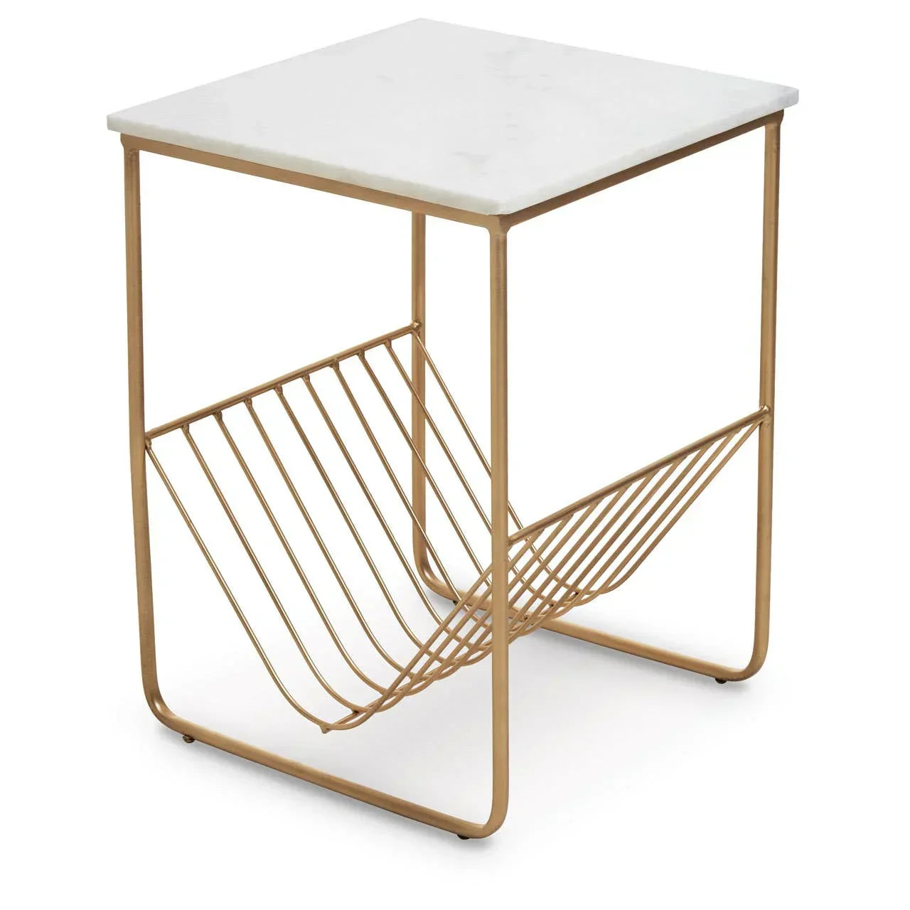 Modern side table with white marble top and gold metal magazine rack base