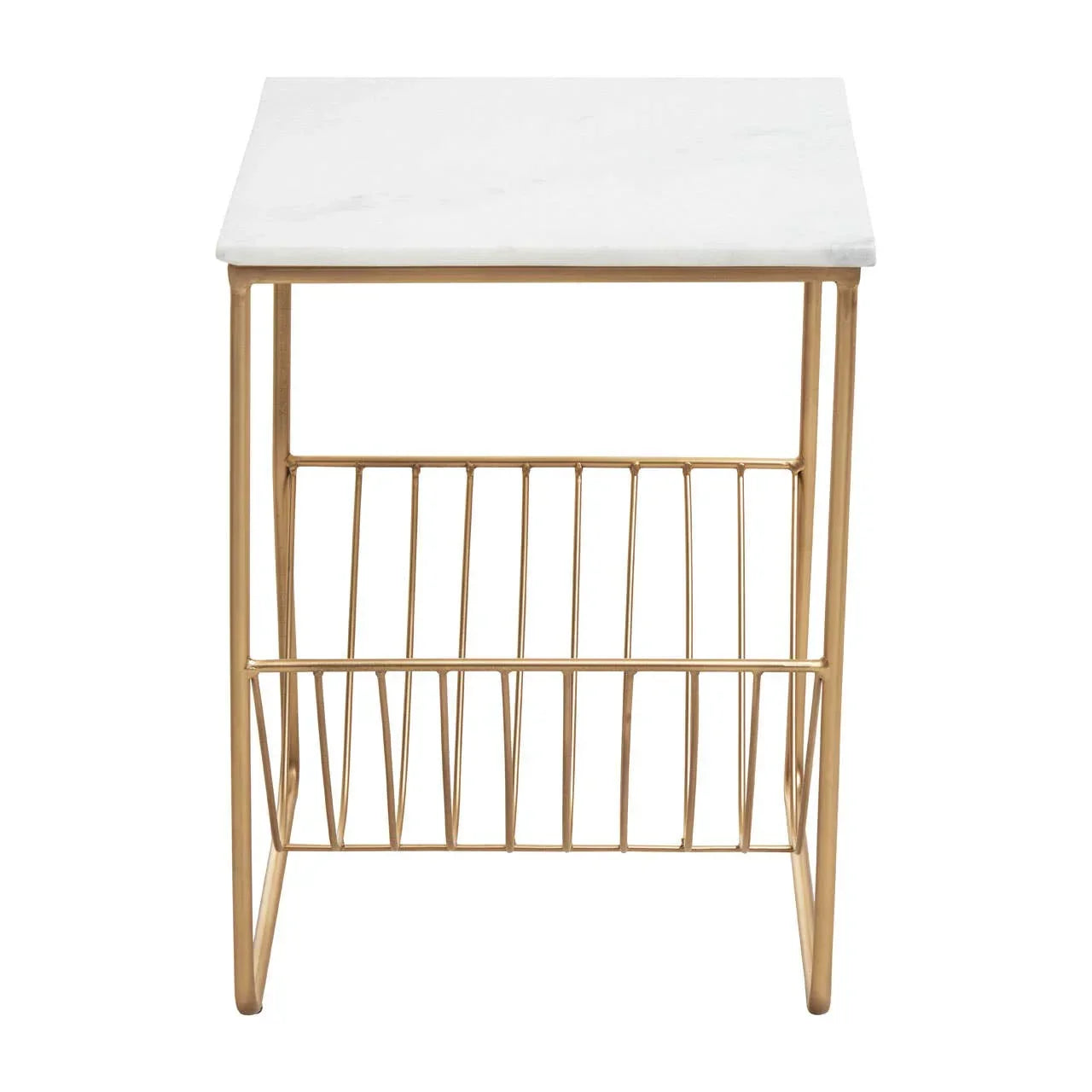Square marble top side table with gold metal frame and integrated magazine rack