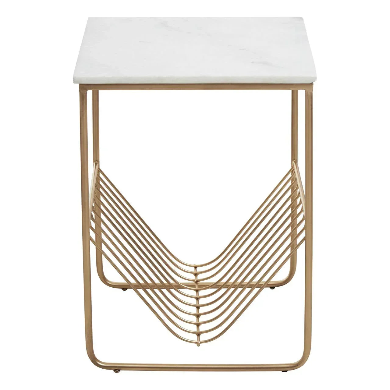Square marble top side table with gold metal frame and geometric magazine rack