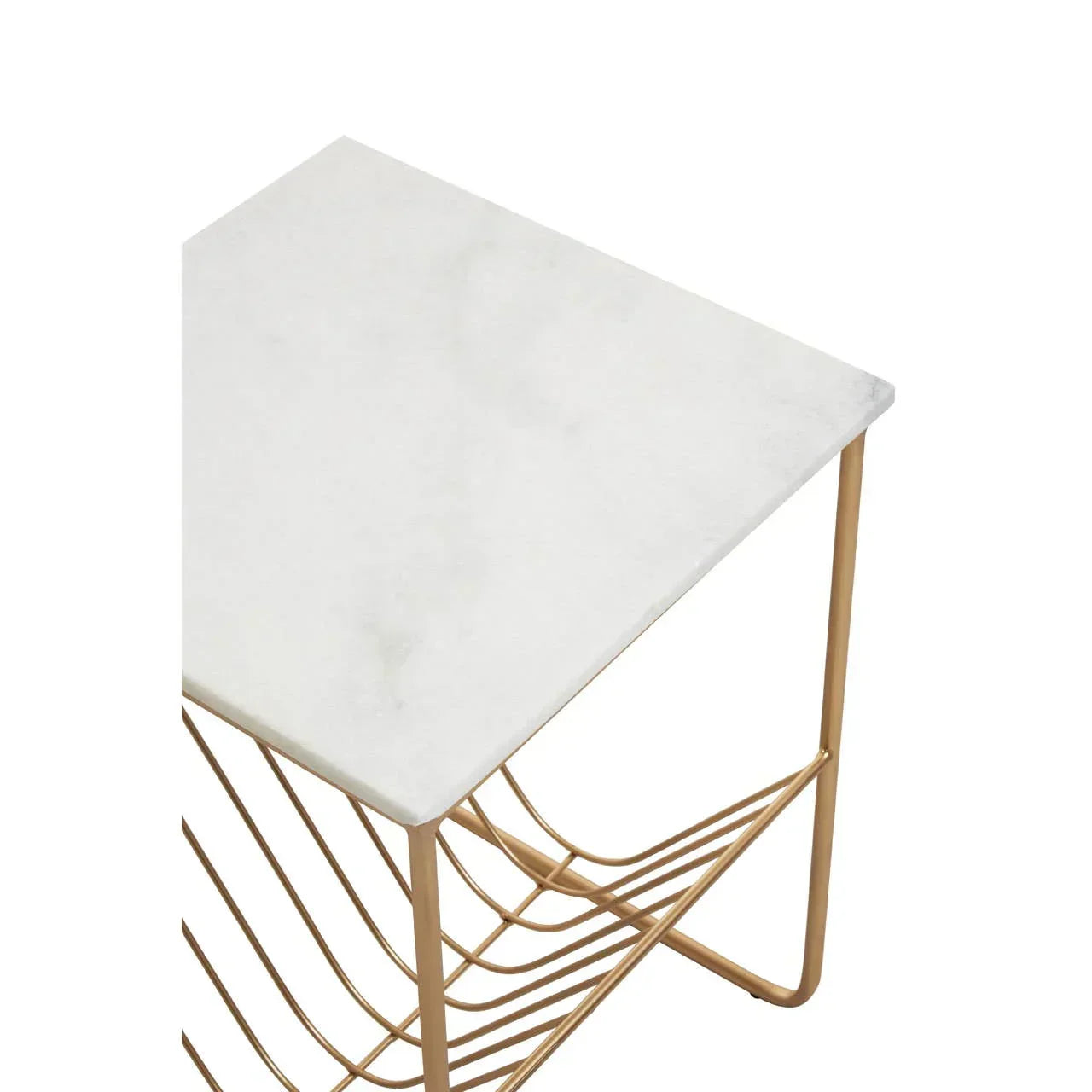 White marble top side table with gold metal frame, modern geometric design close up
