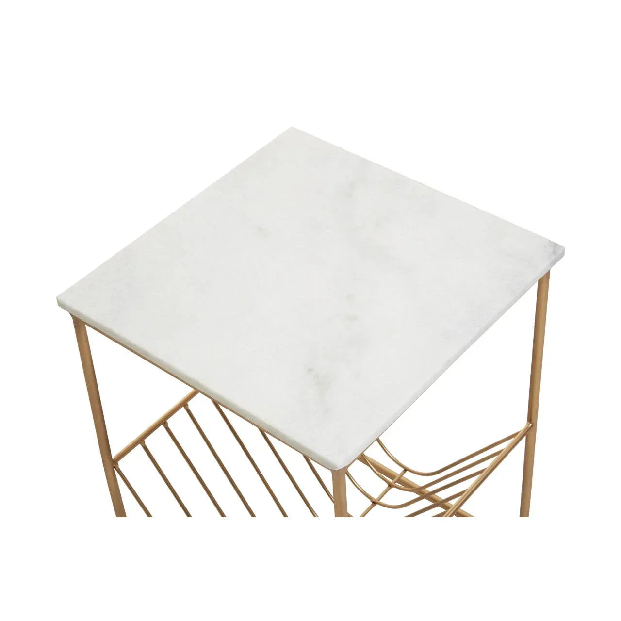 Square marble side table with gold metal frame and lower rack