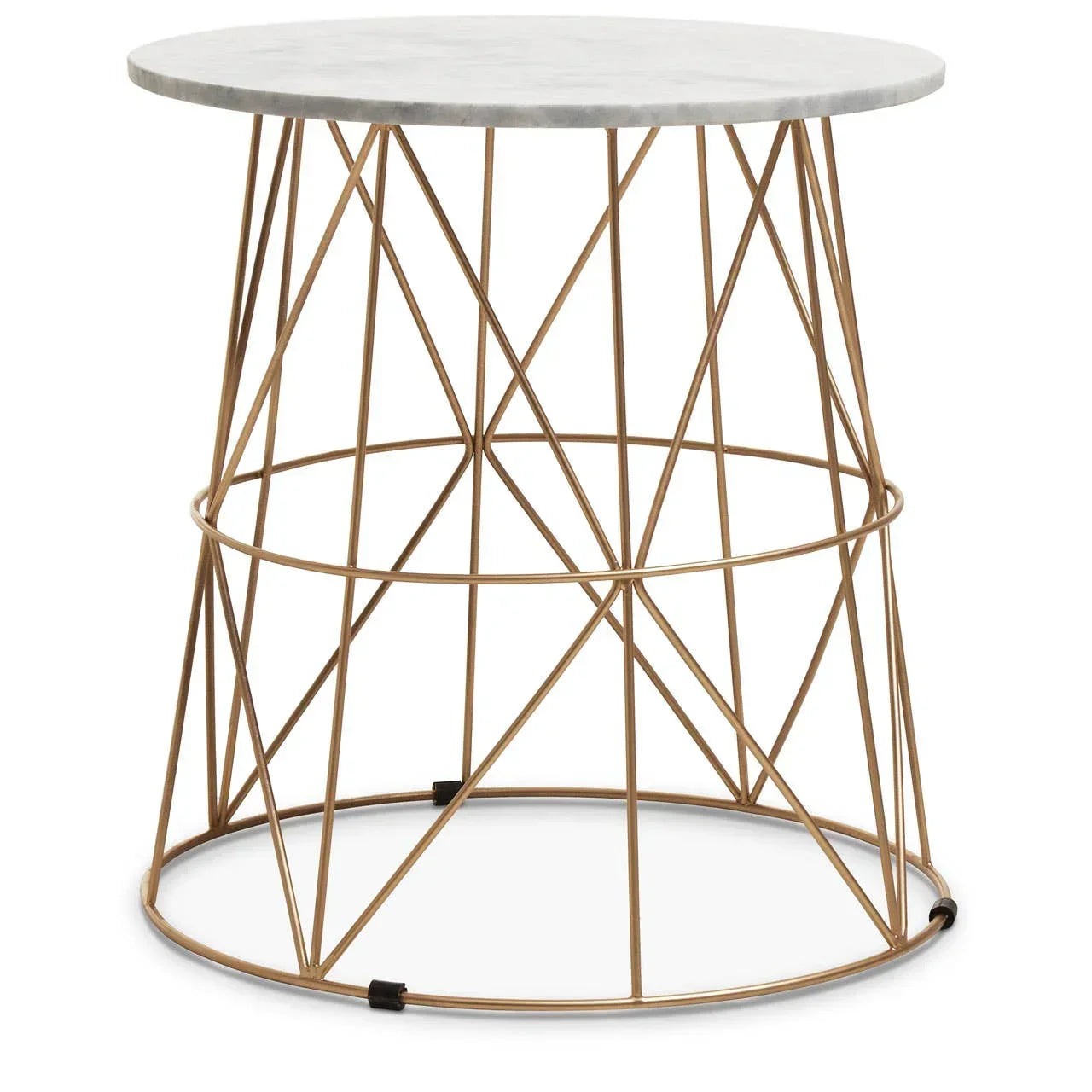 Round side table with marble top and gold geometric metal base