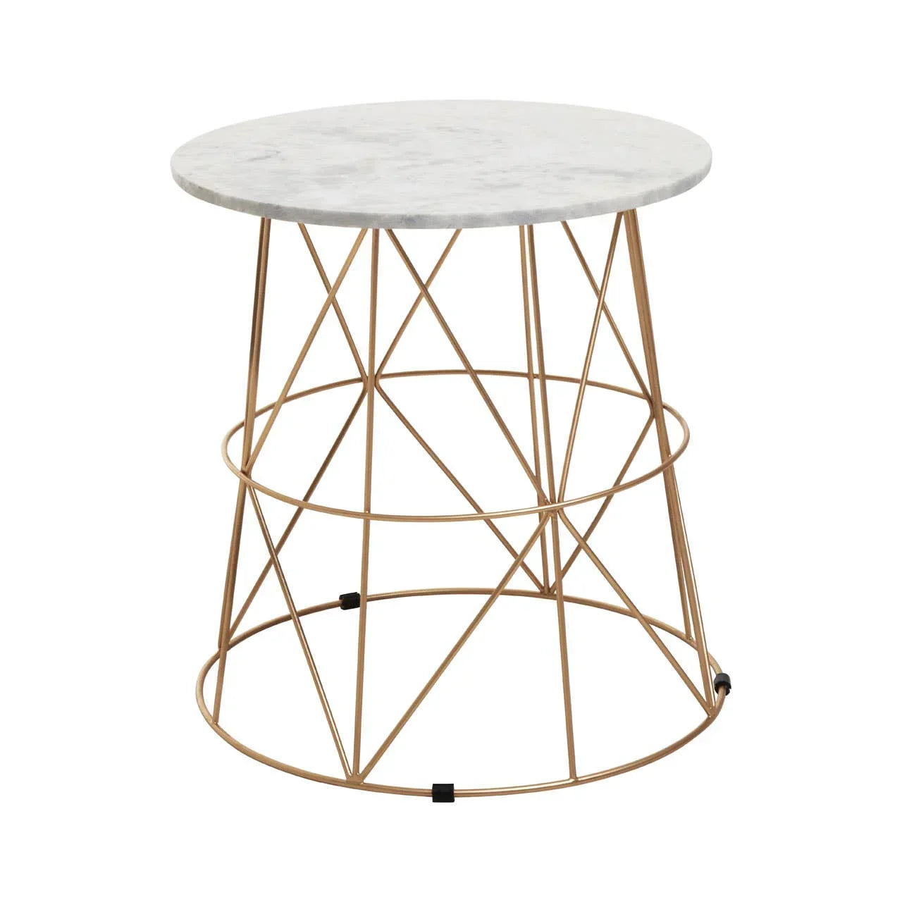Round marble top side table with gold metal geometric frame, angled front view