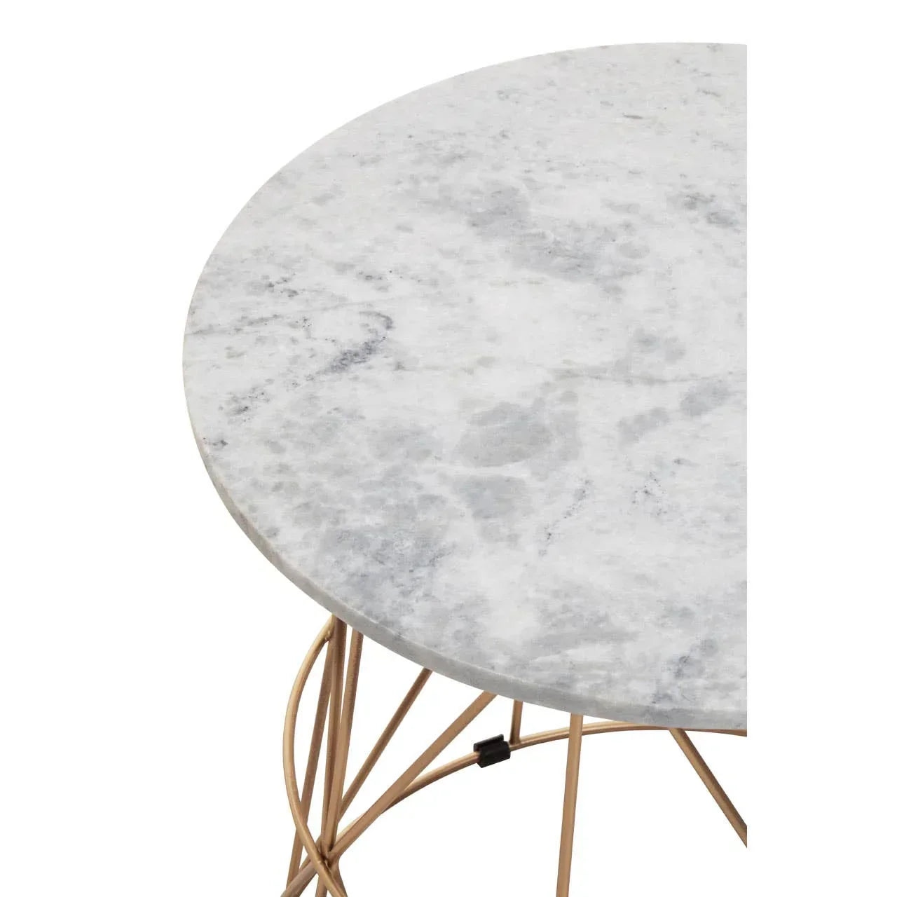 Round marble side table with gold geometric metal legs, partial top view