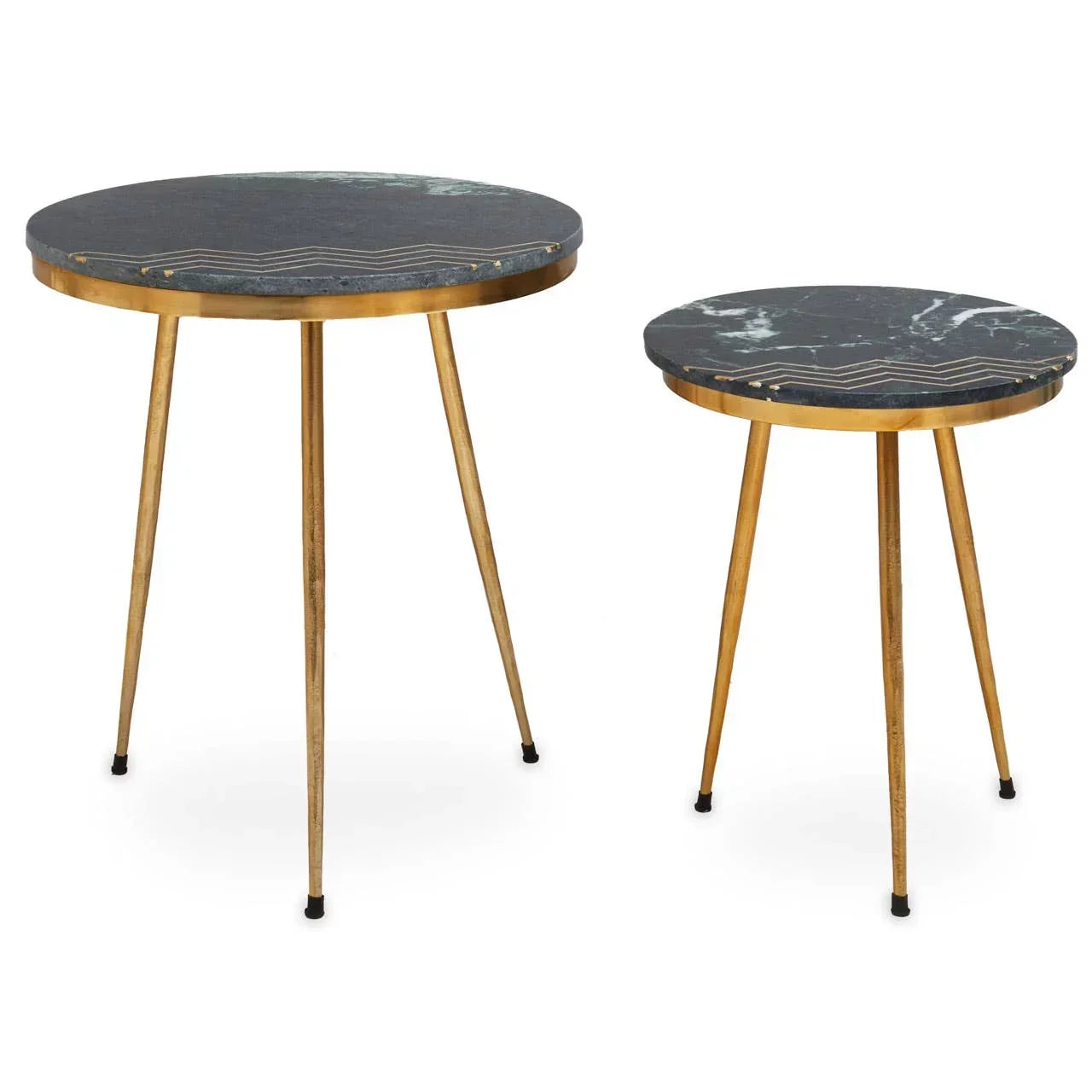 Set of two round marble top side tables with gold metal legs