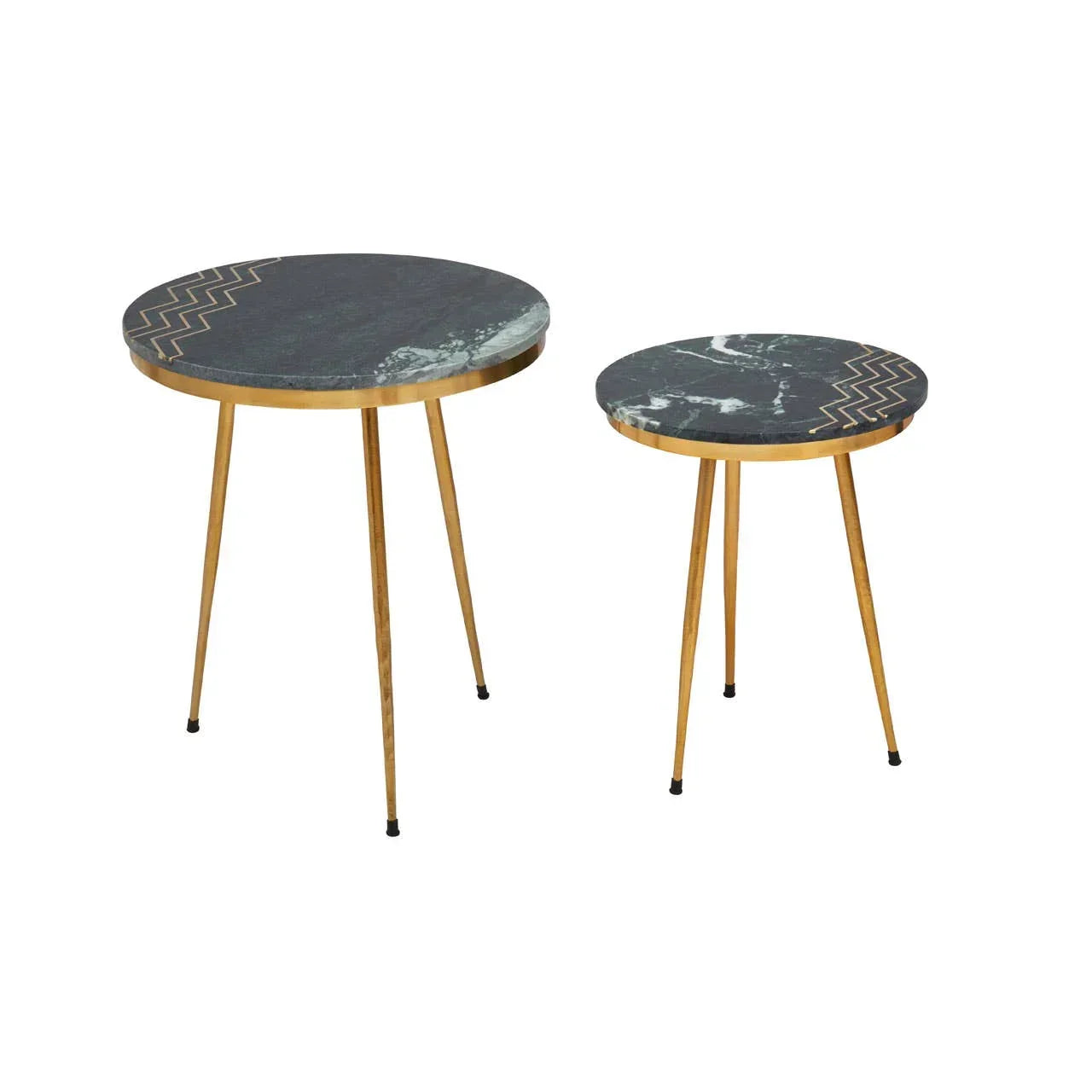 Black marble side tables with gold legs, zigzag pattern on tops, set of two