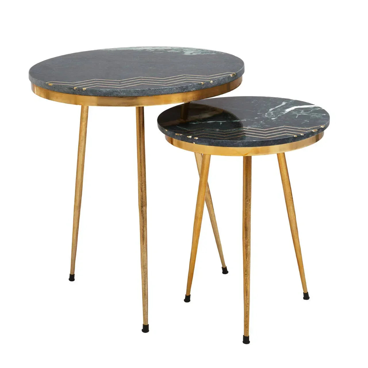 Set of two round marble side tables with gold metal legs and black tops