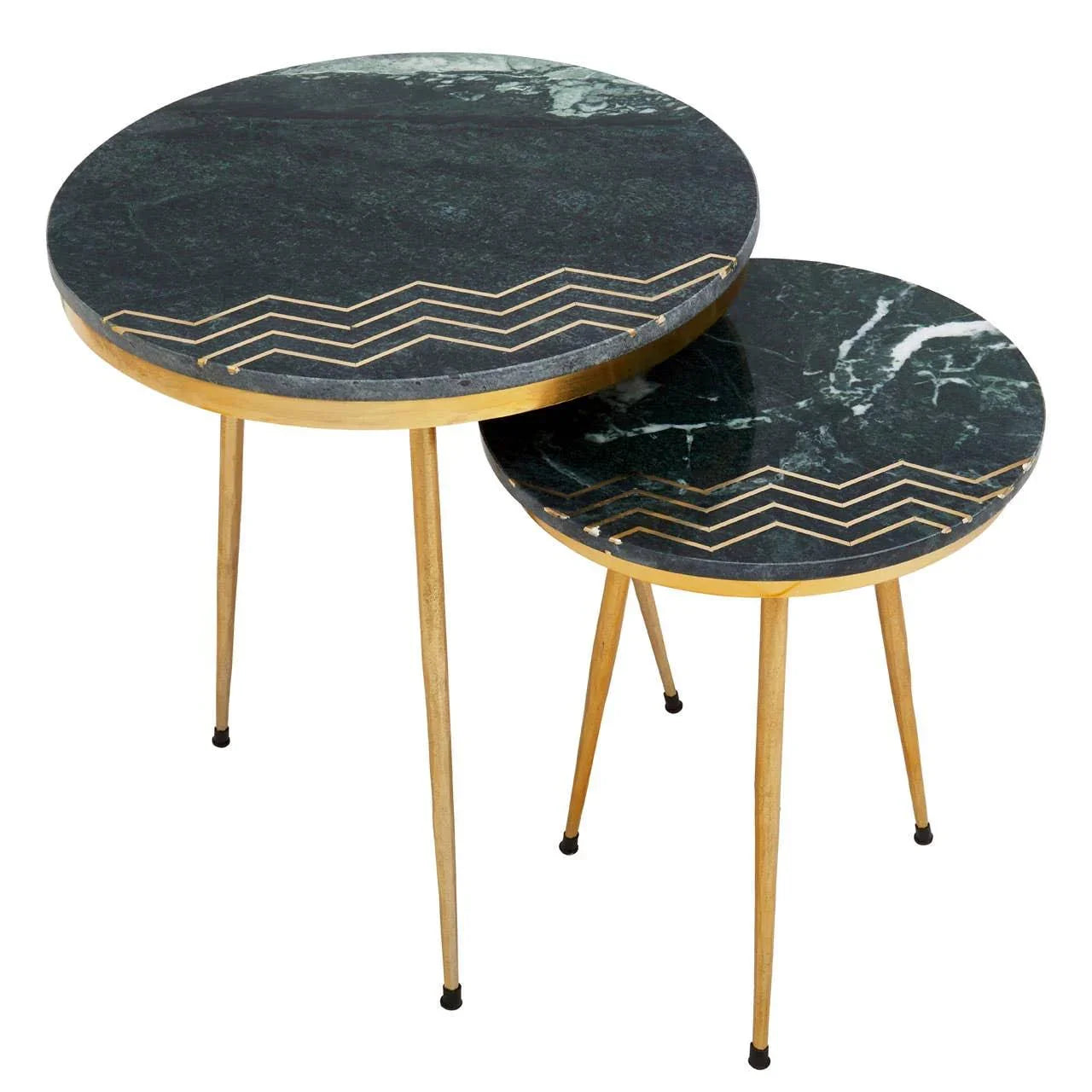 Set of two round marble nesting tables with gold metal legs and chevron inlay design