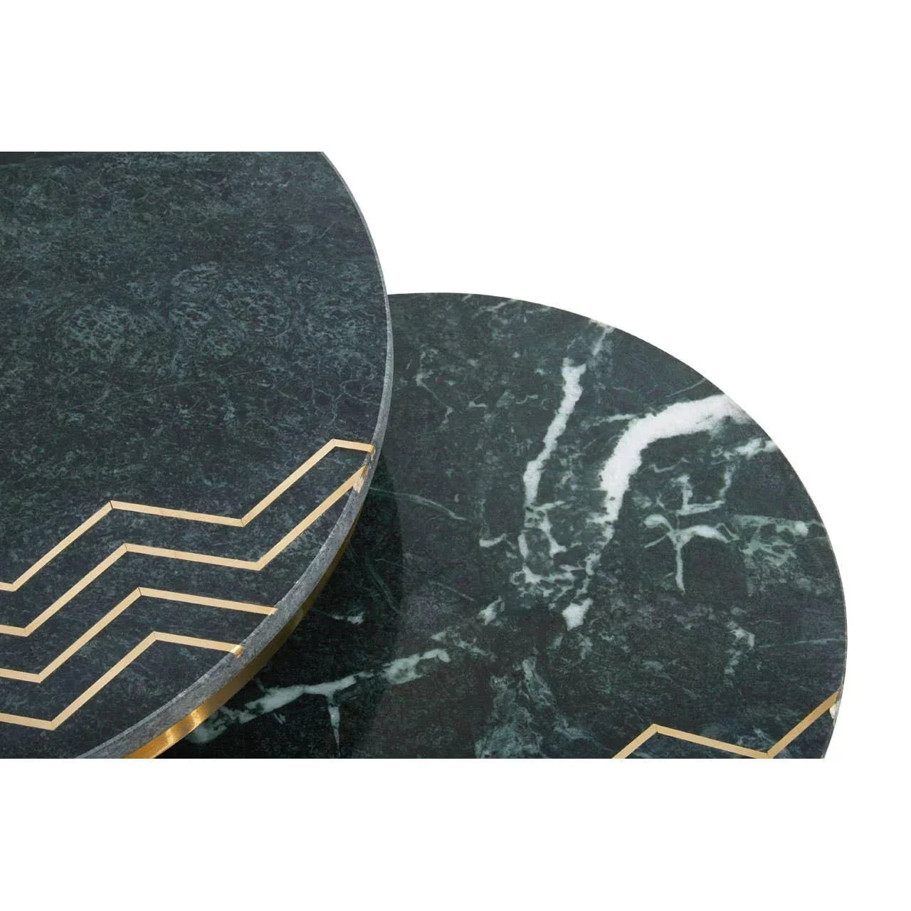 Closeup of green marble coffee tables with brass inlay and white veining