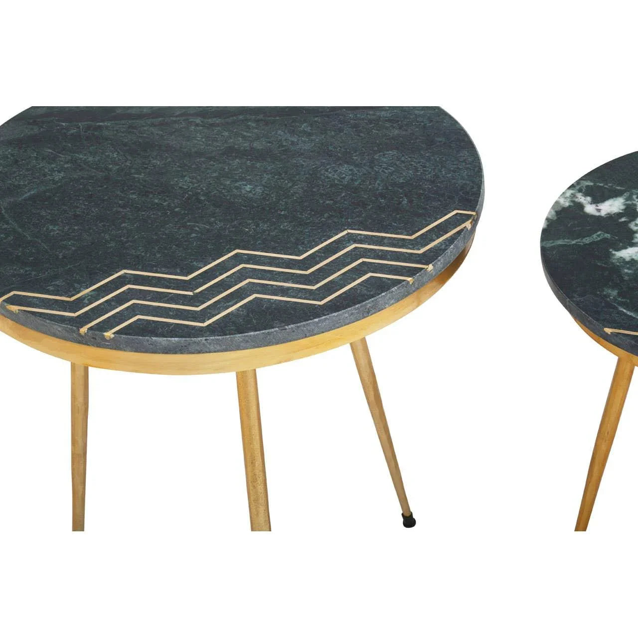 Round marble coffee table with gold legs and geometric inlay detail