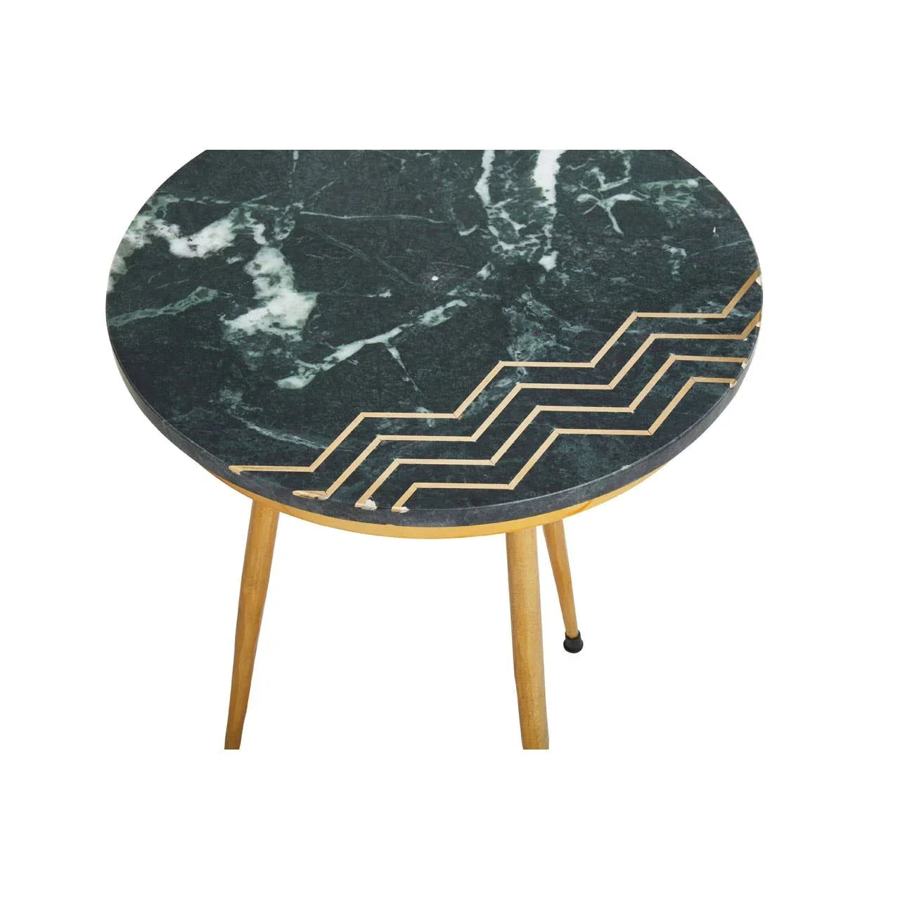 Round green marble side table with gold legs and geometric inlay detail on top