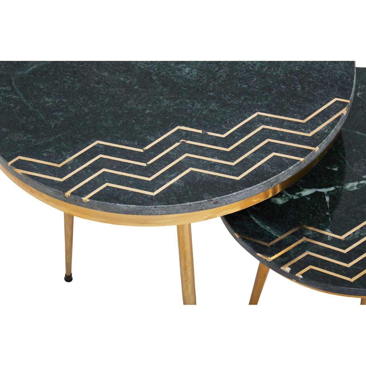 Round marble side tables with gold zigzag inlay and gold metal legs