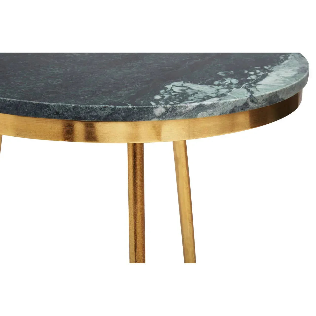 Round marble coffee table with gold metal legs and edge, partial close up view