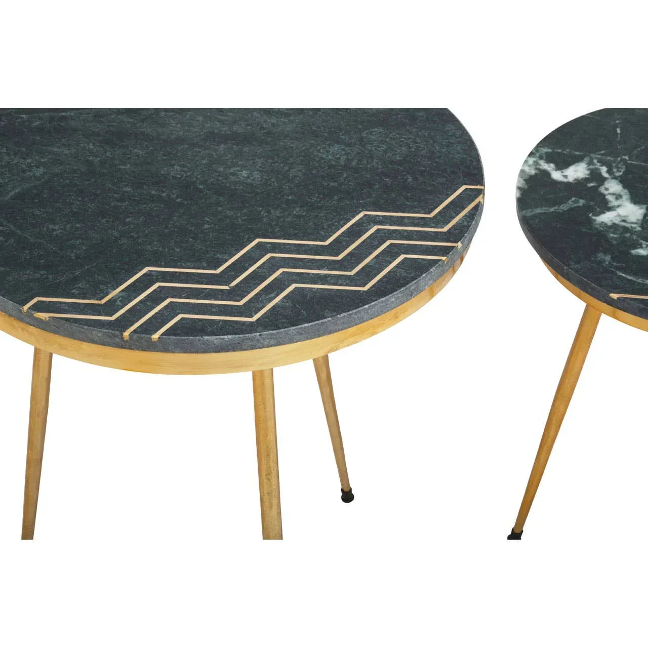 Round black marble accent tables with gold zigzag detail and slim gold legs