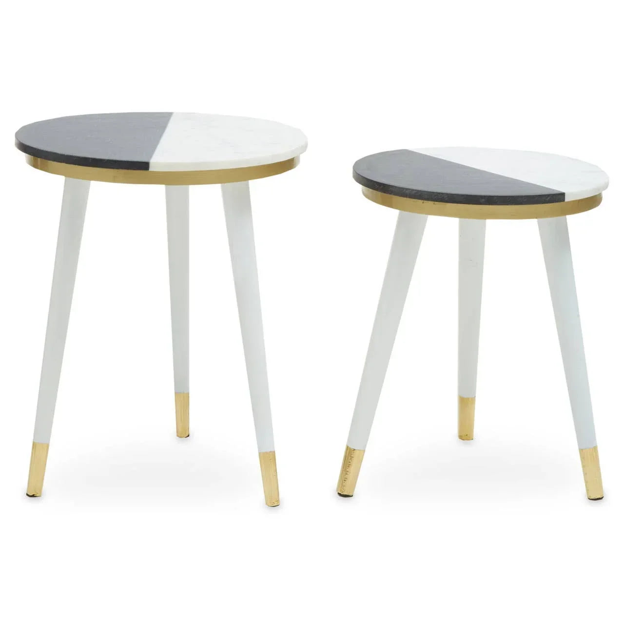 Set of two round side tables with white and black tops, gold edge and white legs with gold tips
