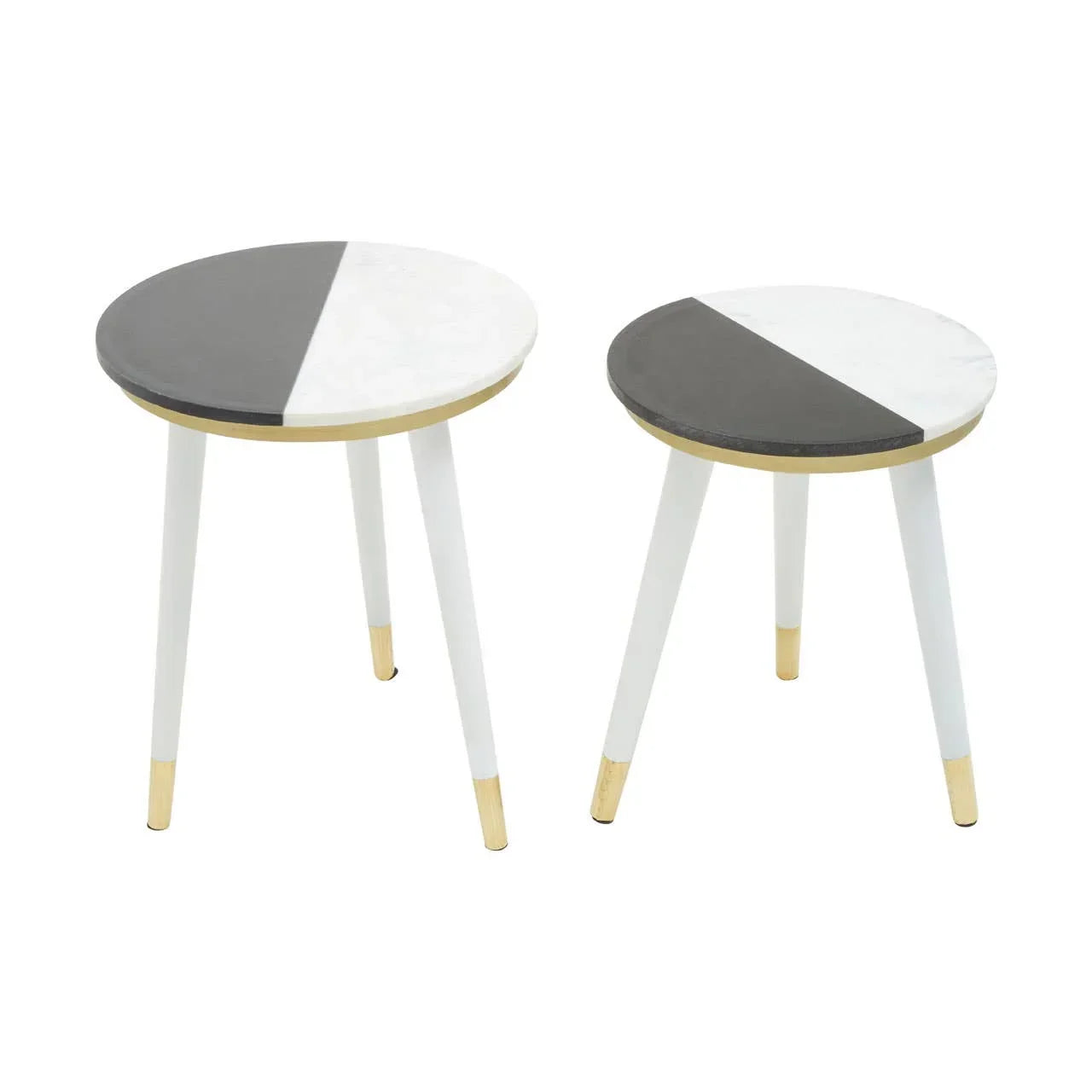 Set of two round side tables with half black, half white tops and gold trim on white legs