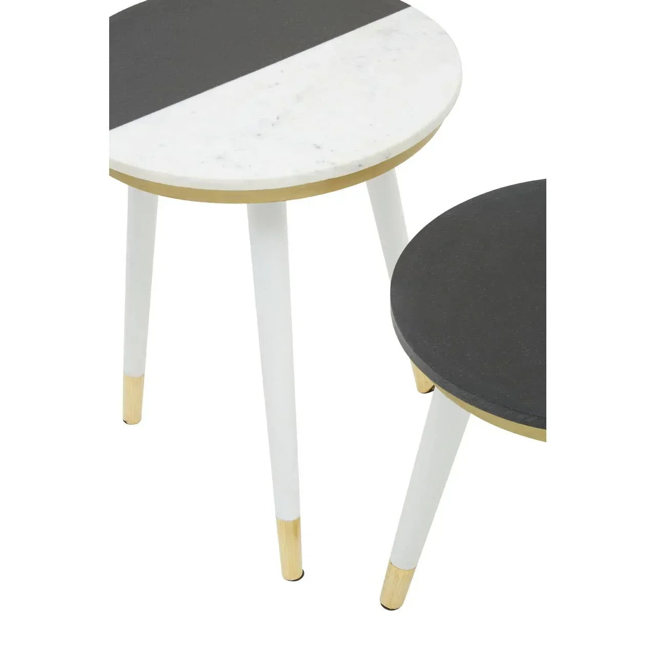 Round nesting side tables with black and white marble tops, gold trim, and tapered legs
