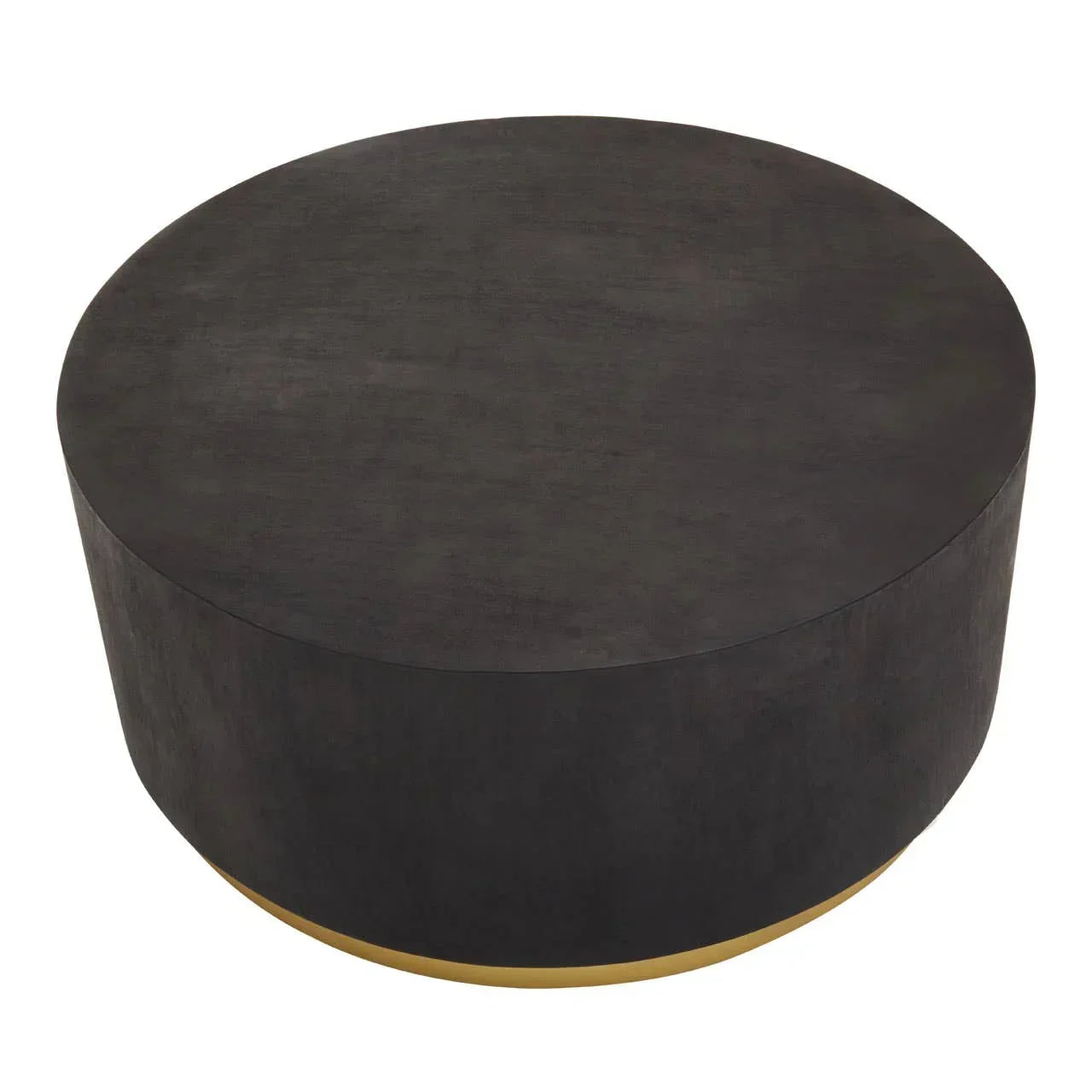 Round black coffee table with matte finish and gold base accent