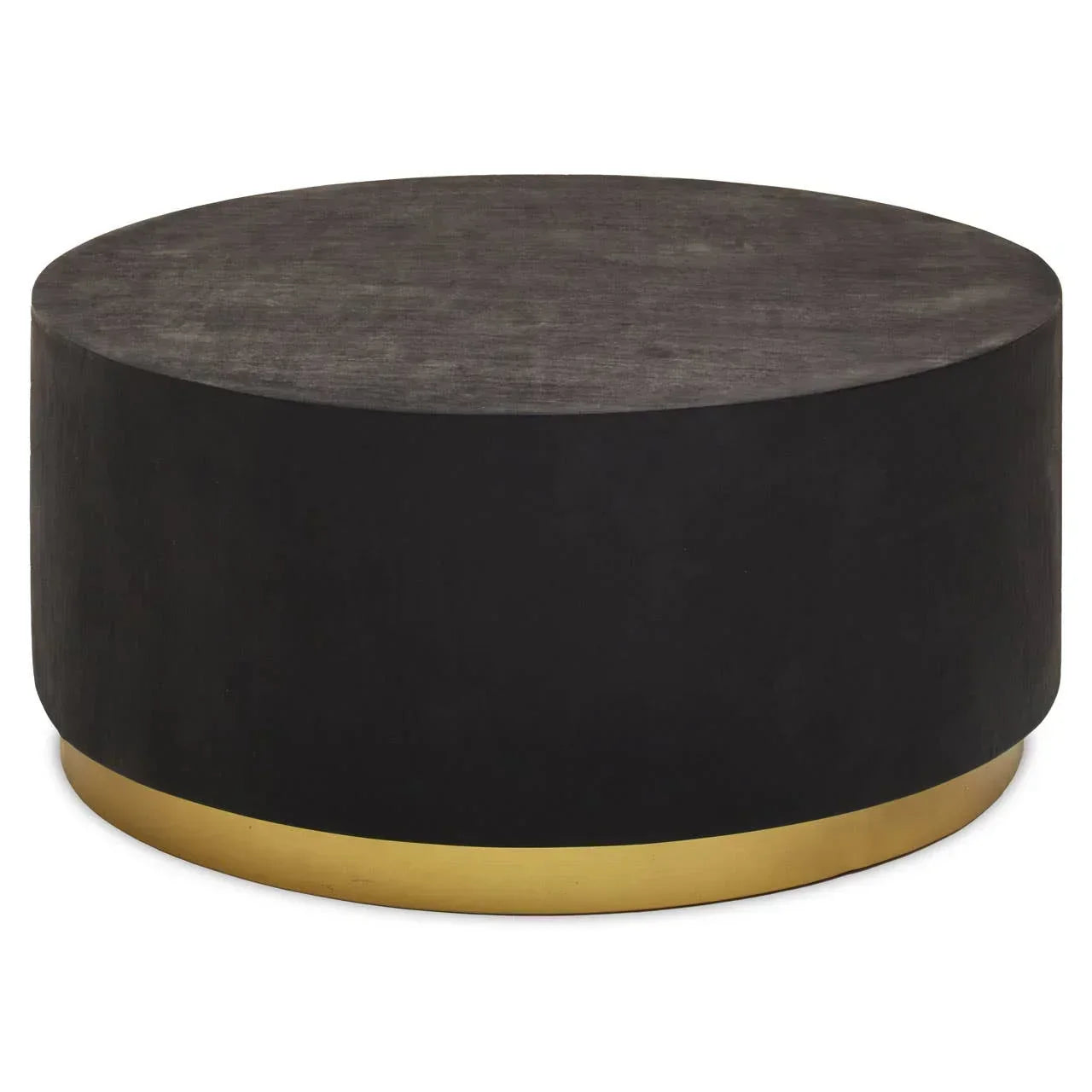 Round black coffee table with matte finish and gold metal base accent