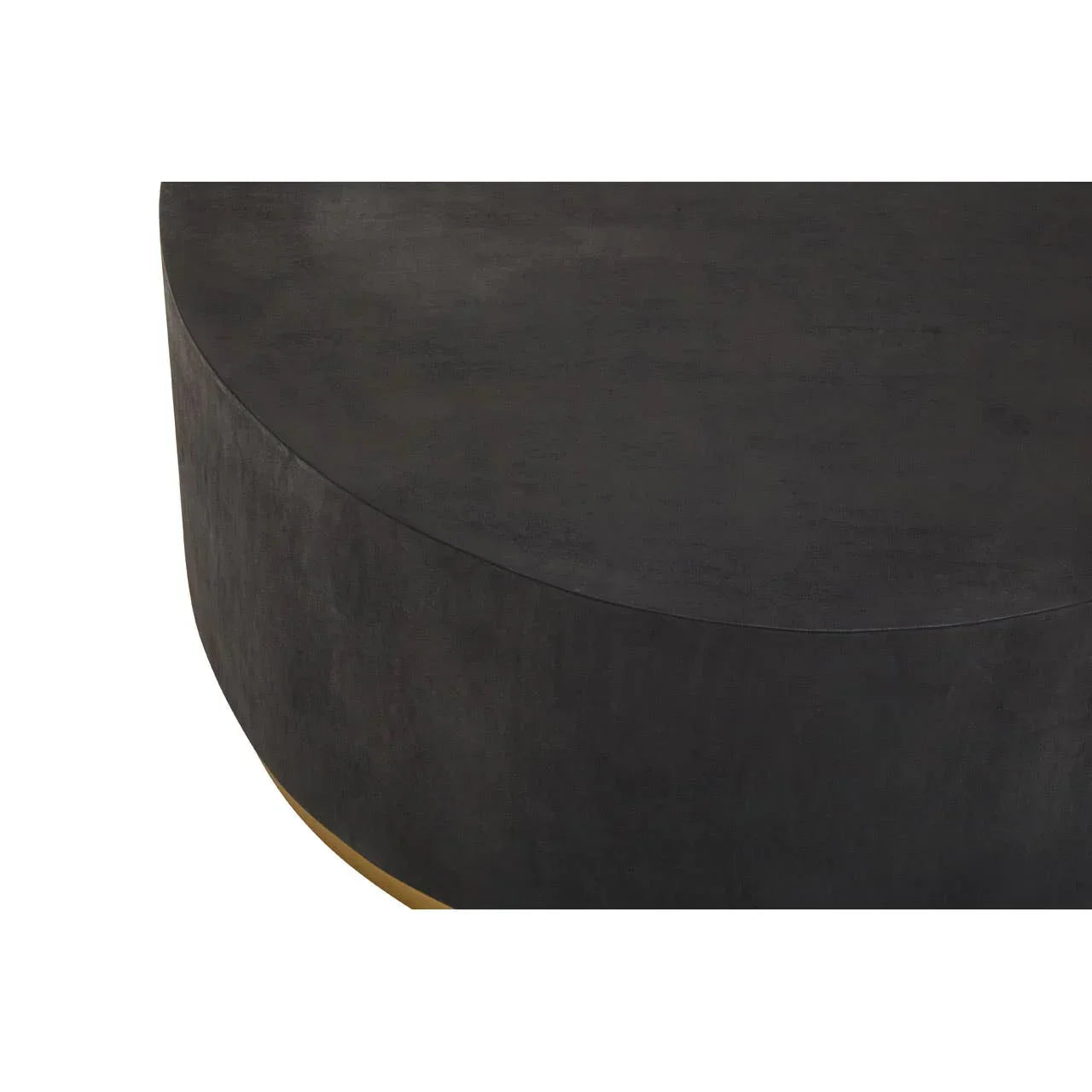Round black coffee table with matte finish and subtle gold detail at the base