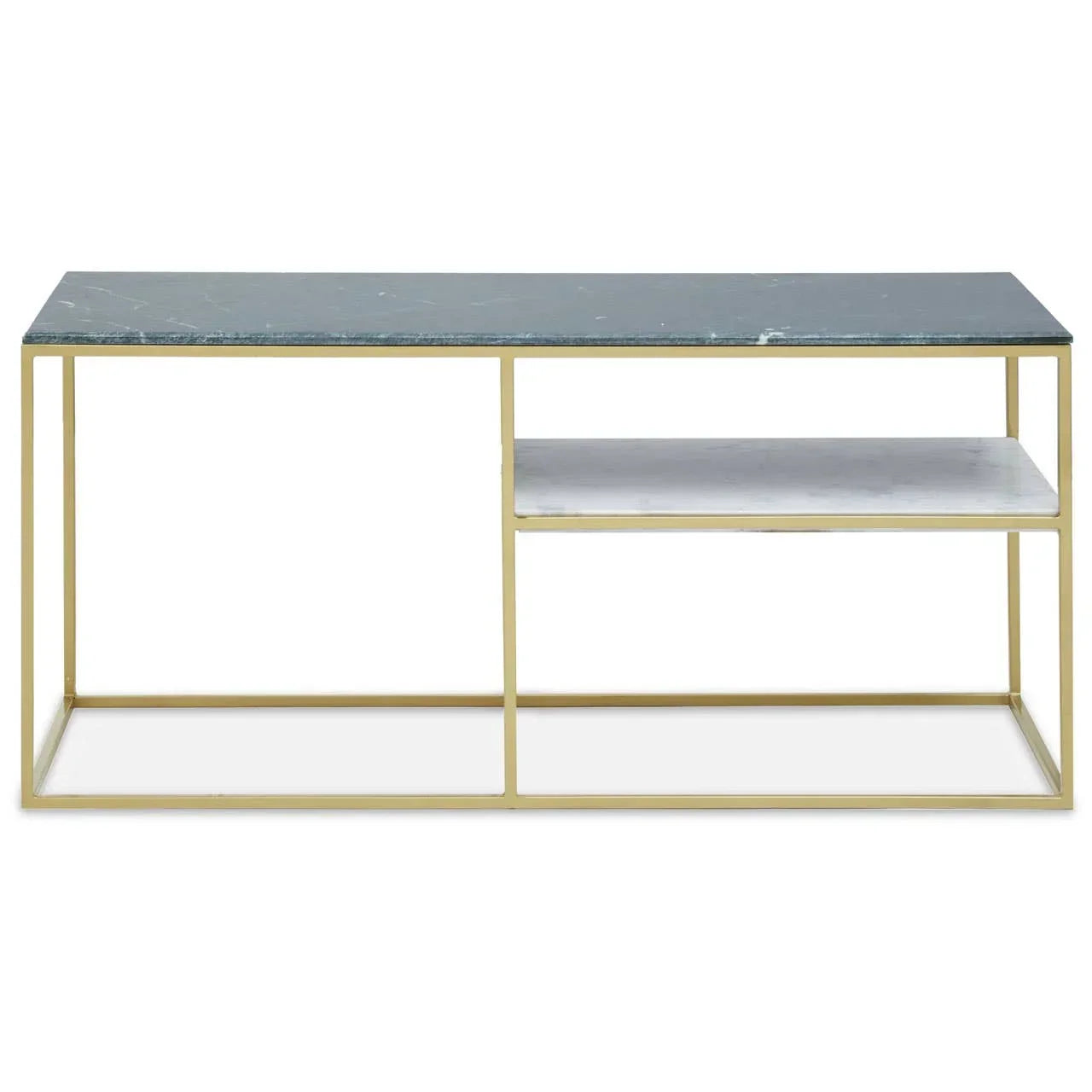 Modern marble coffee table with gold metal frame and open side shelf