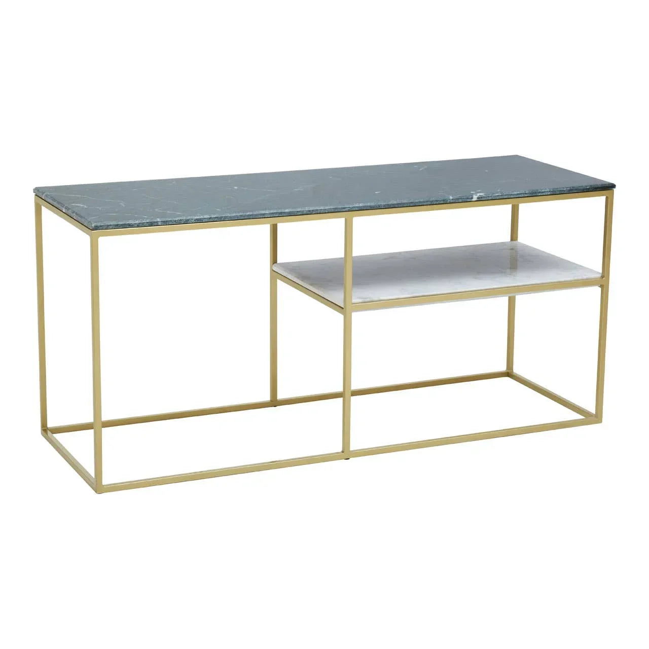 Console table with gold frame, dark marble top, and lower white marble shelf
