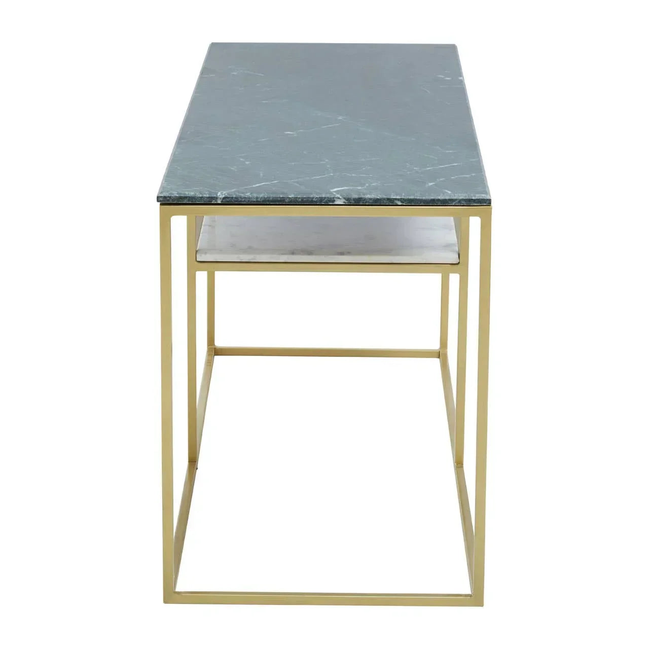 Rectangular marble coffee table with slim gold metal frame, front view