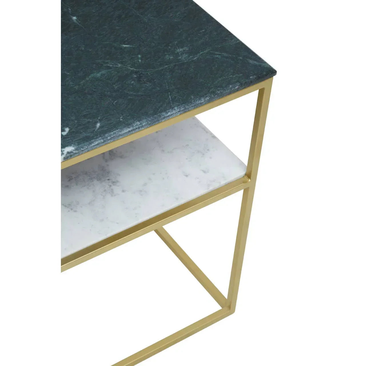 Side table with green marble top, white marble shelf, and gold metal frame