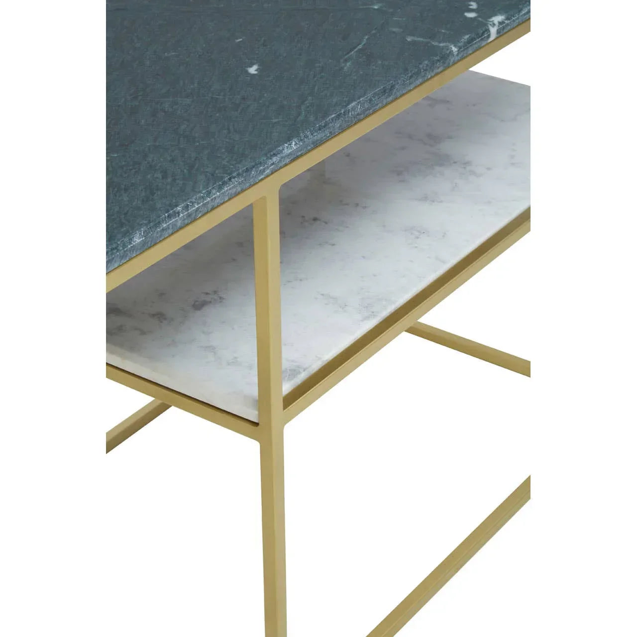 Modern coffee table with green marble top, gold frame, and white marble shelf