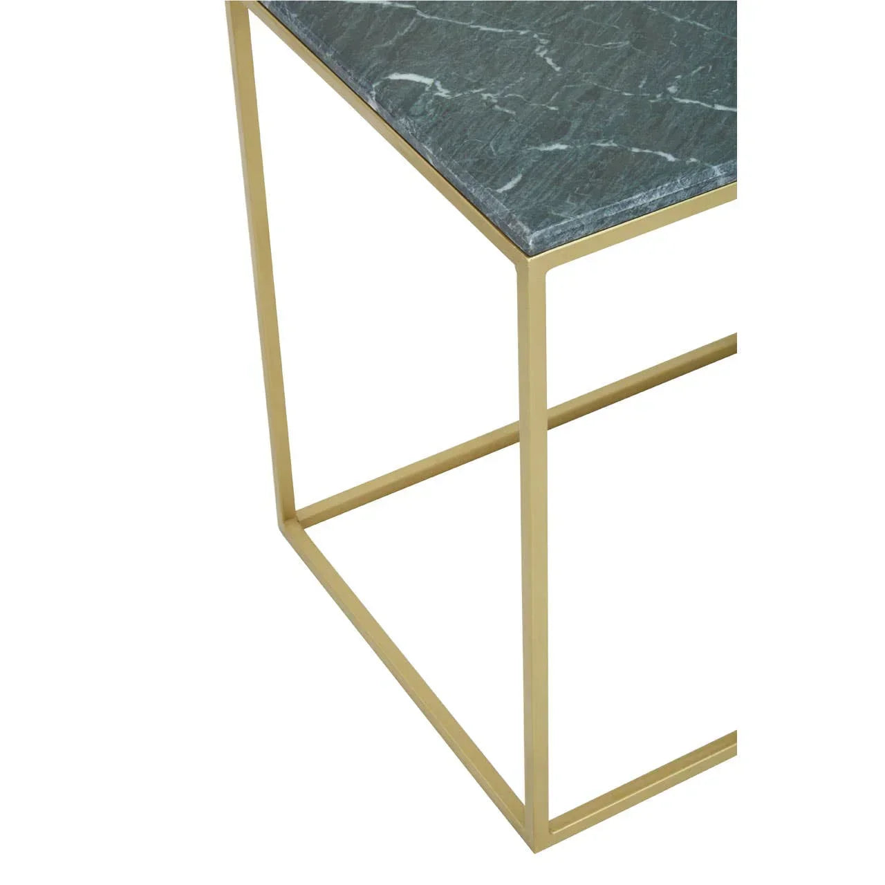 Green marble side table with slim gold metal frame, close corner detail view