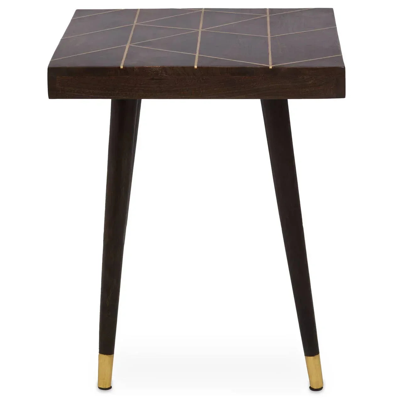 Dark wood side table with gold inlay top and tapered legs, gold accents on feet