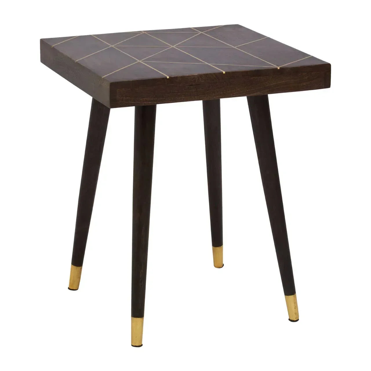 Dark wood side table with gold metal inlay and tapered legs, gold leg tips visible