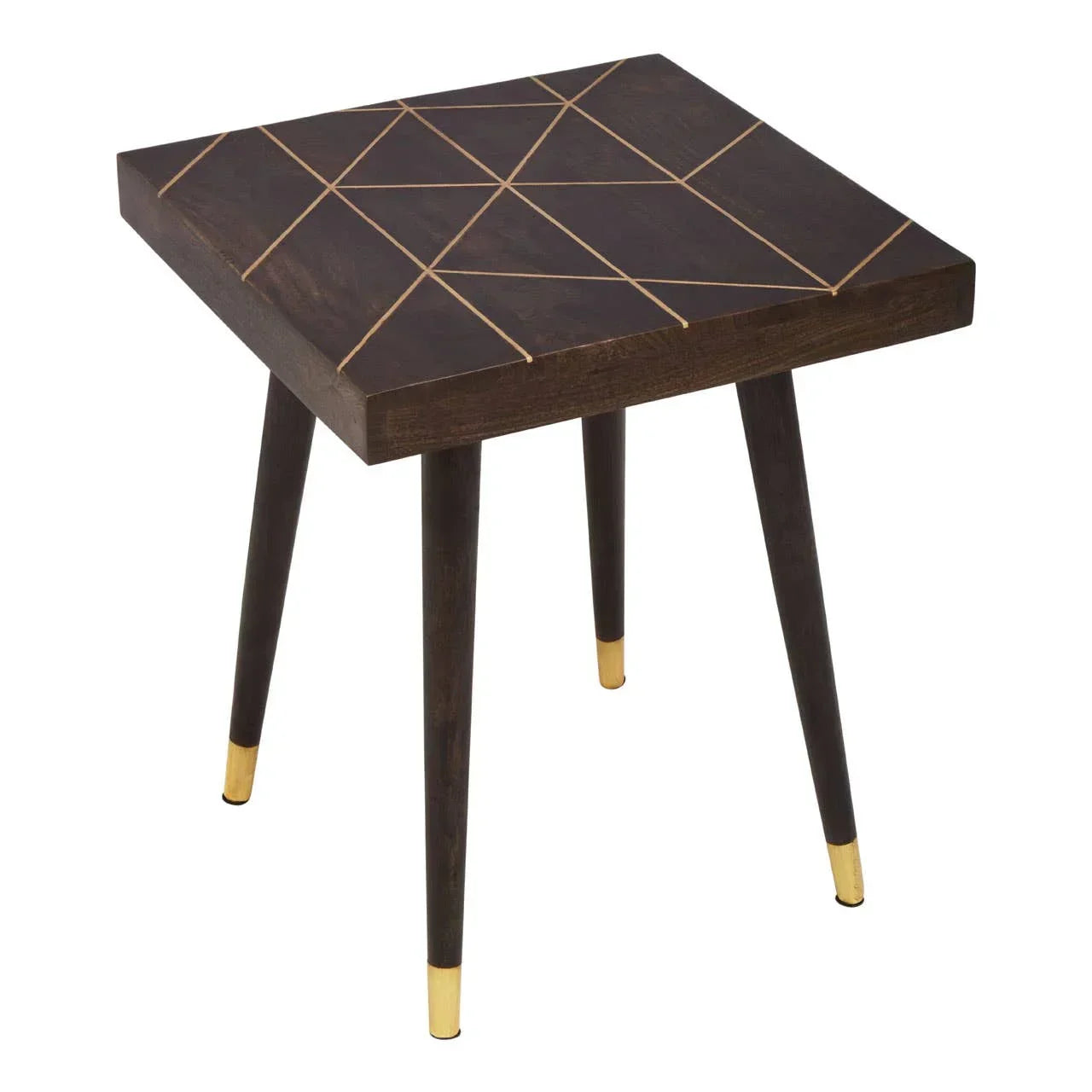 Dark wood side table with gold geometric inlay and tapered legs featuring gold metal caps