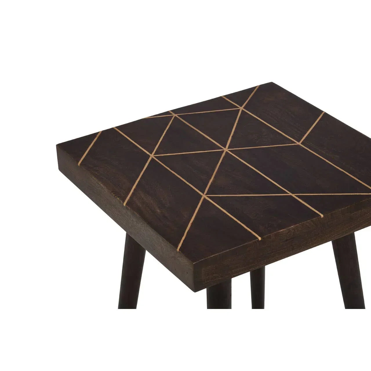 Dark wood side table with geometric gold inlay and angled legs