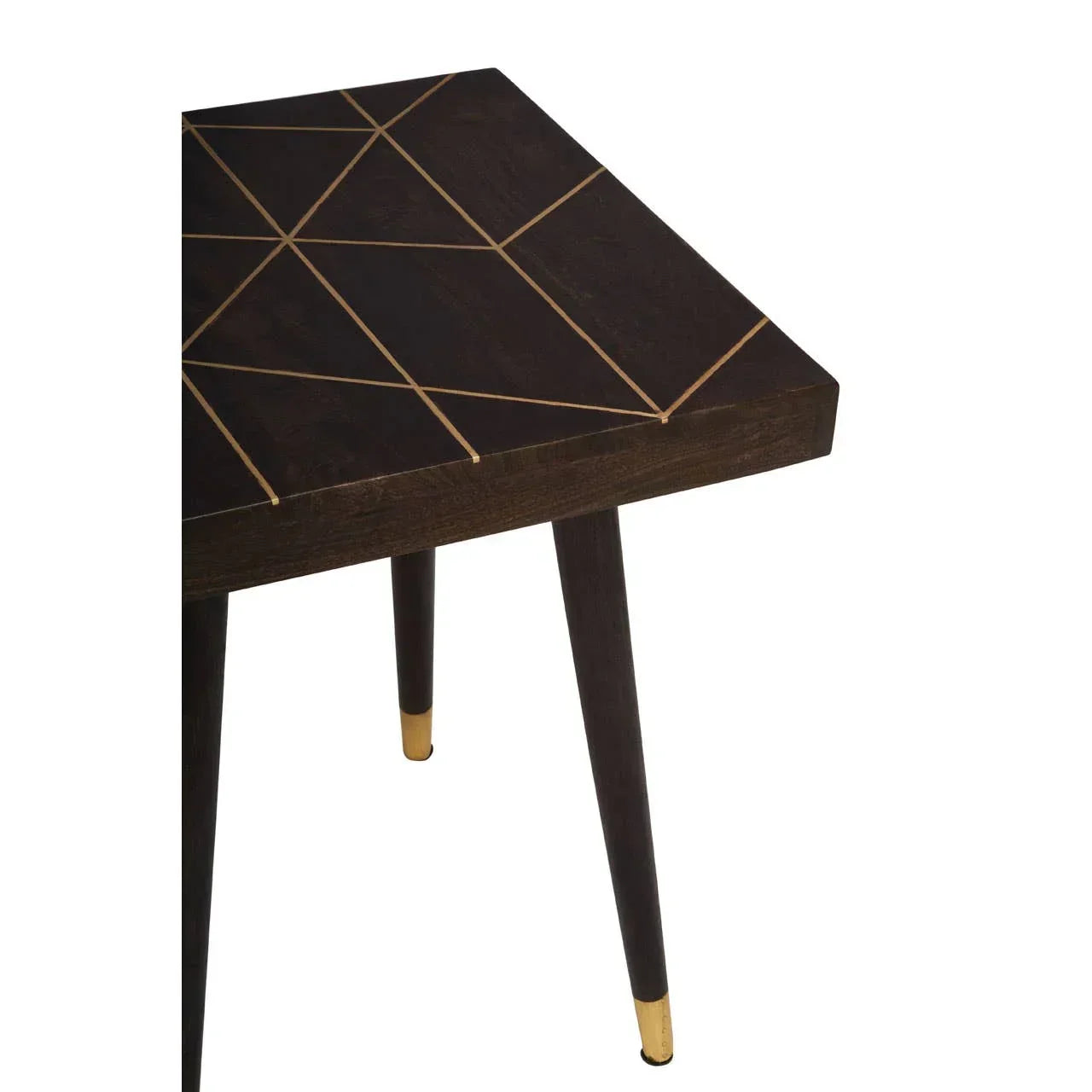 Dark wood dining table with gold geometric inlay and tapered legs with brass tips