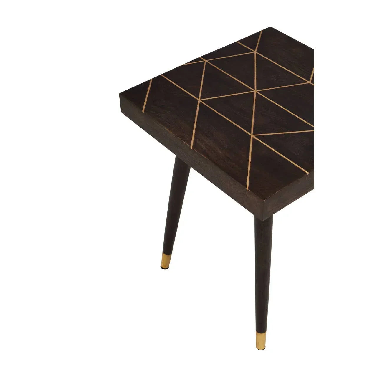 Dark wood side table with gold geometric inlay and tapered legs with gold tips