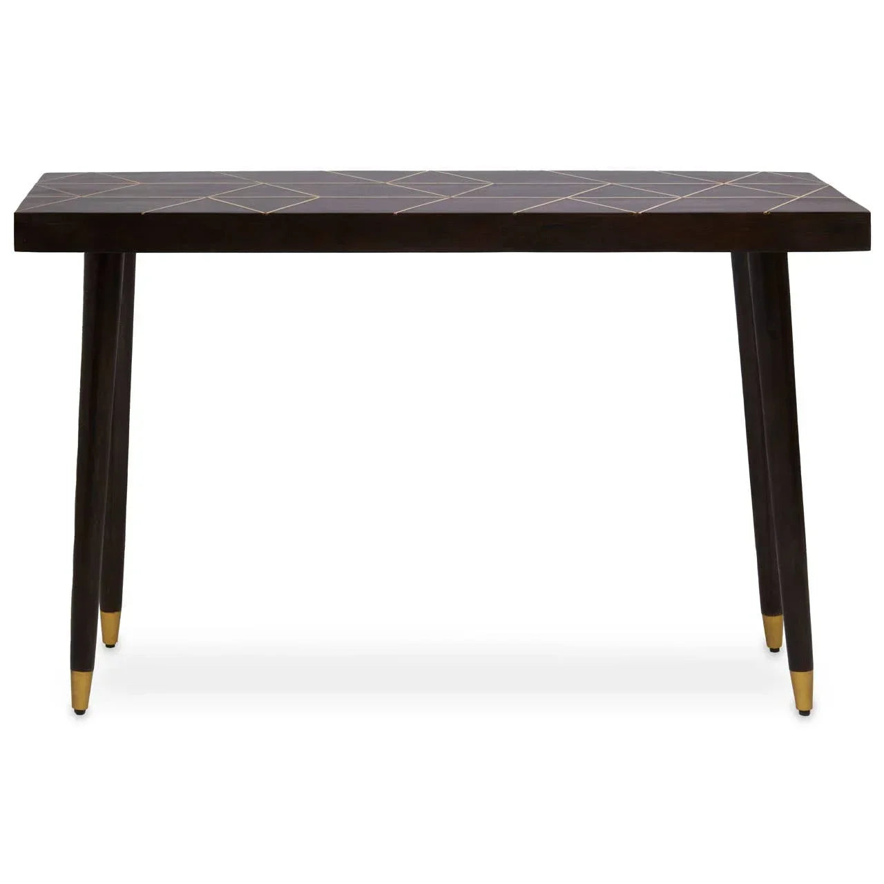 Dark wood console table with gold geometric inlay and gold-capped legs, front view