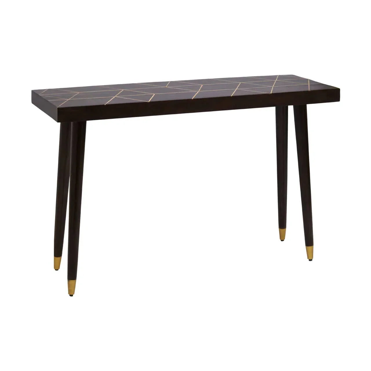 Dark wood console table with gold geometric inlay and tapered legs with gold tips