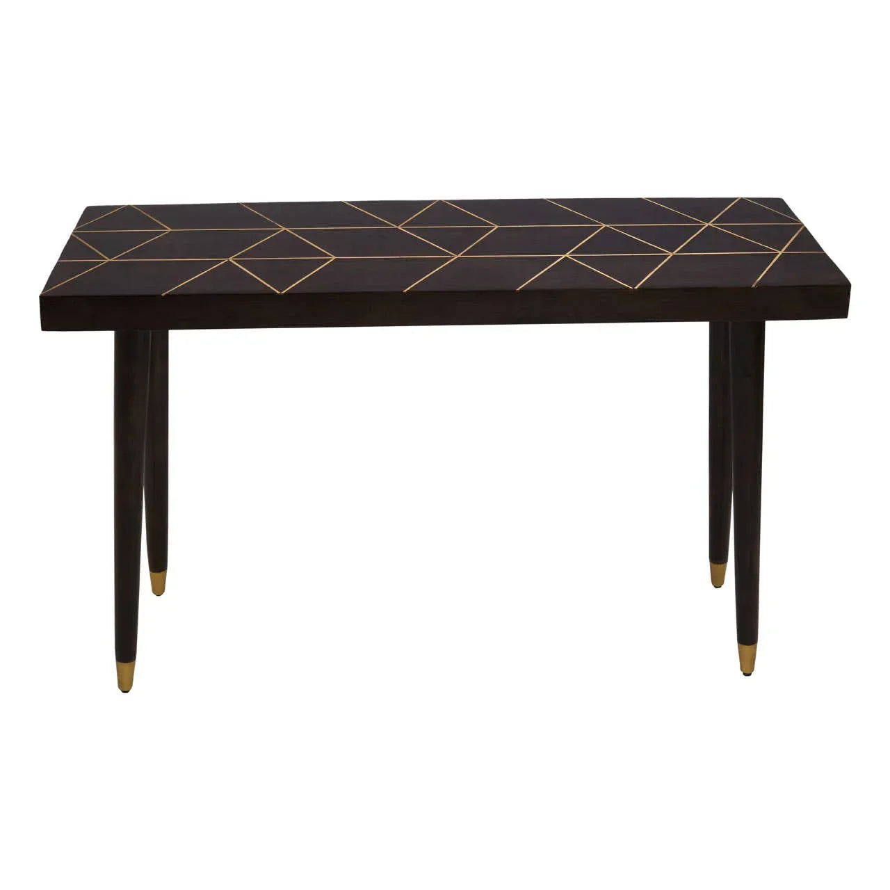 Dark wood console table with gold geometric inlay and tapered legs with gold tips