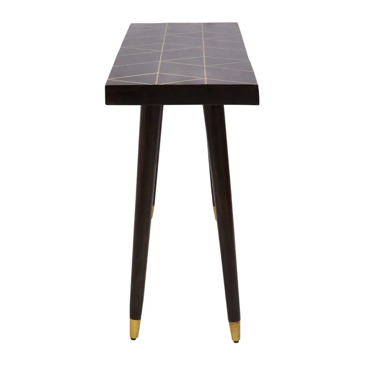 Narrow wooden console table with gold geometric pattern and tapered legs, front view