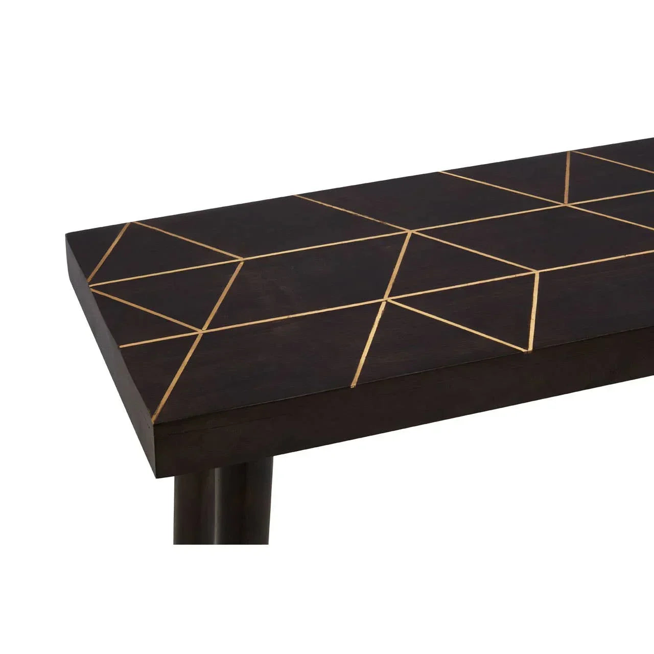 Dark wood dining table with gold geometric inlay detail on tabletop