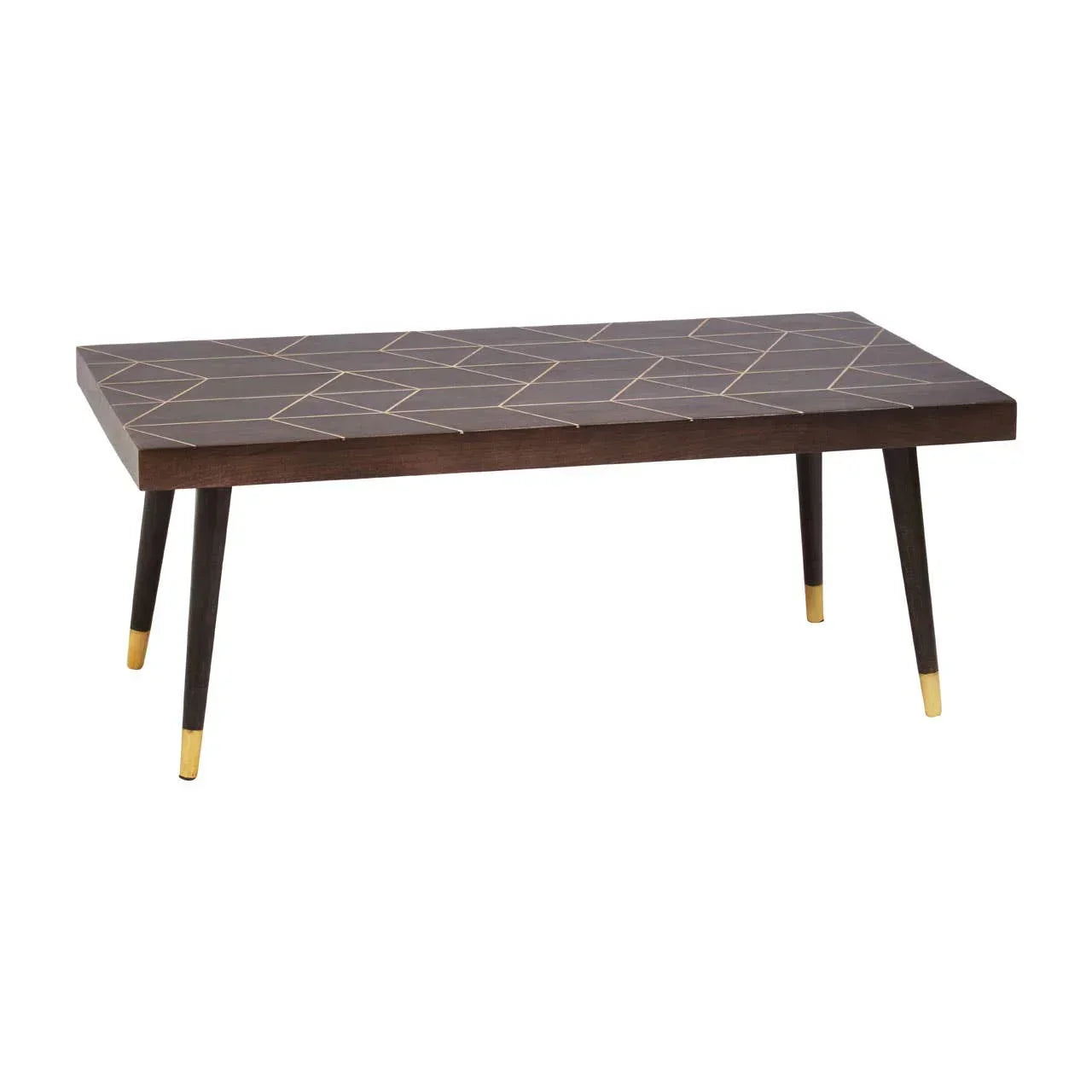Dark wood coffee table with geometric gold pattern and gold-tipped angled legs
