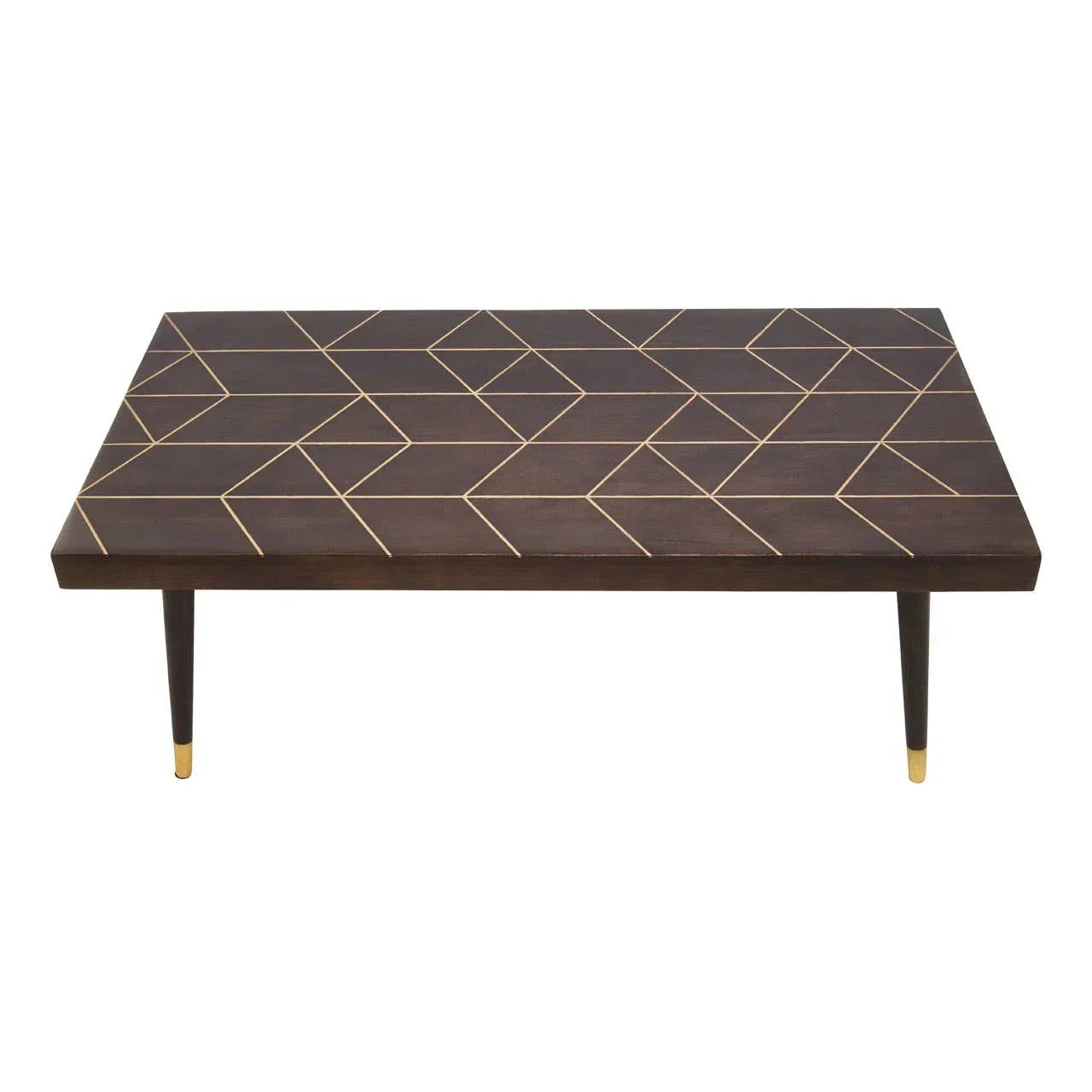 Dark wood coffee table with gold geometric inlay and tapered legs